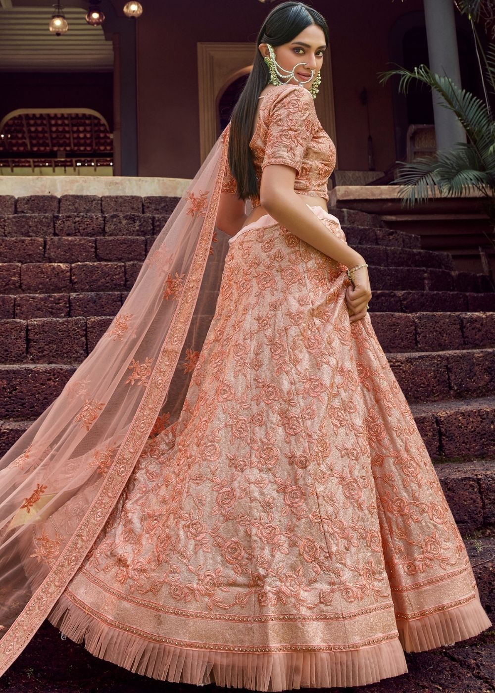 Peach Pink Georgette Lehenga Choli with Sequins & Resham work | Ready To Wear - qivii