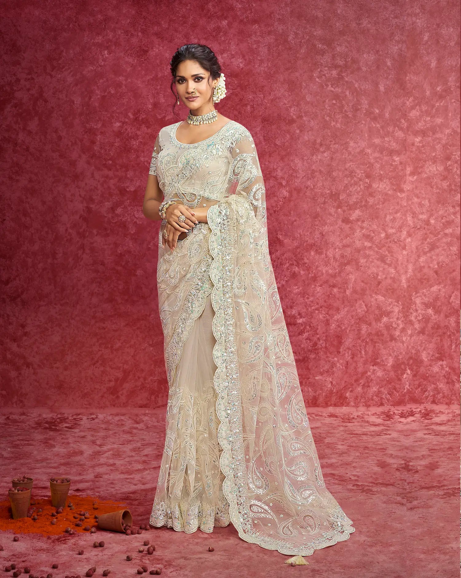 Off White Net Embroidery Work Party Wear Saree - qivii