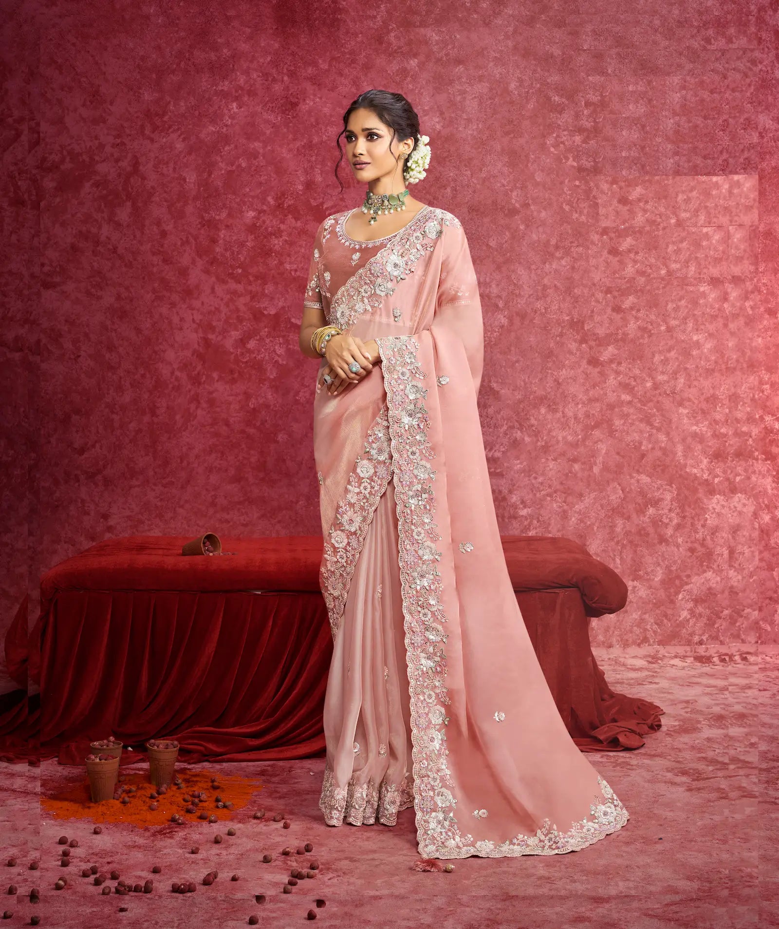 Peach Casio Embroidery Work Party wear Saree - qivii