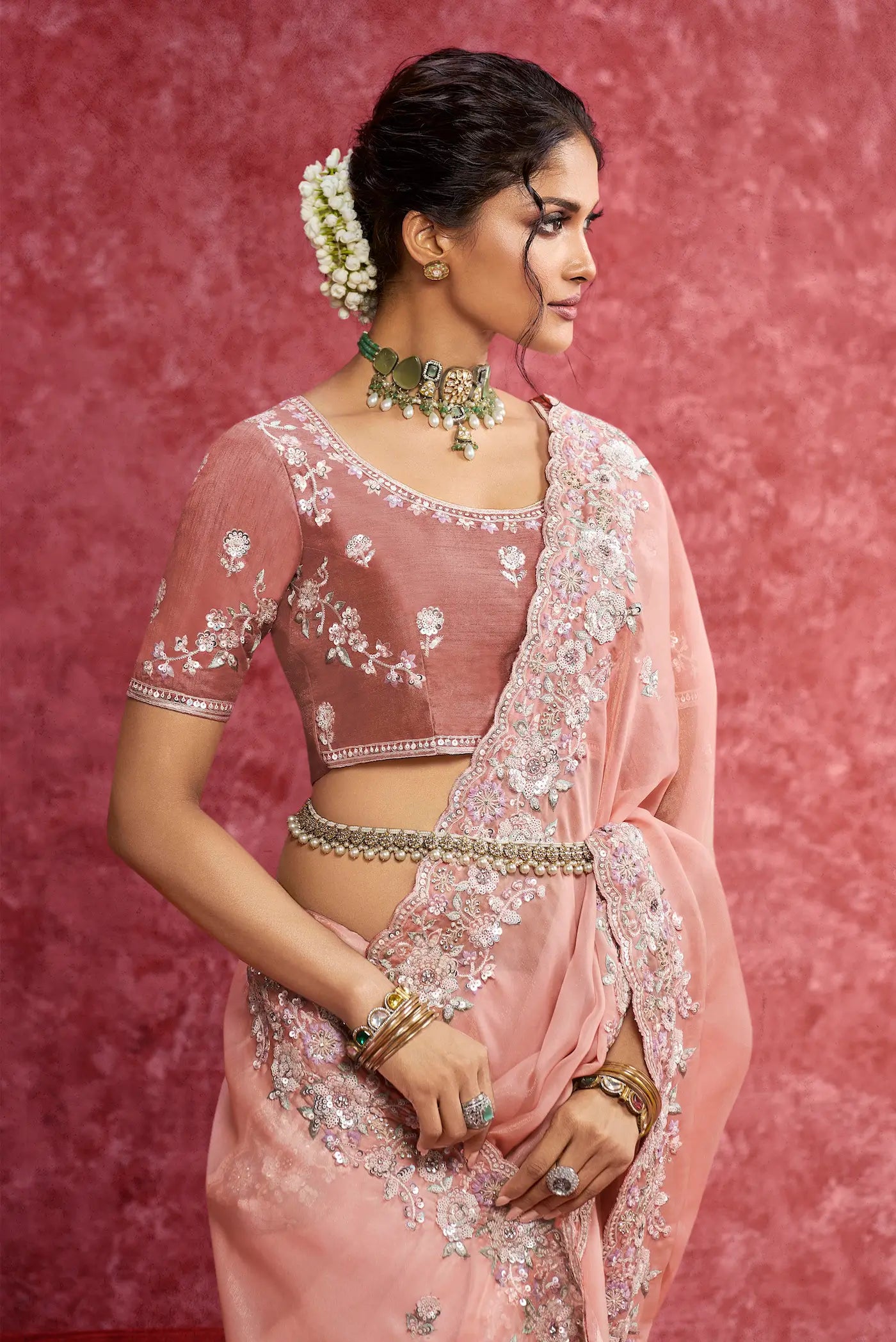 Peach Casio Embroidery Work Party wear Saree