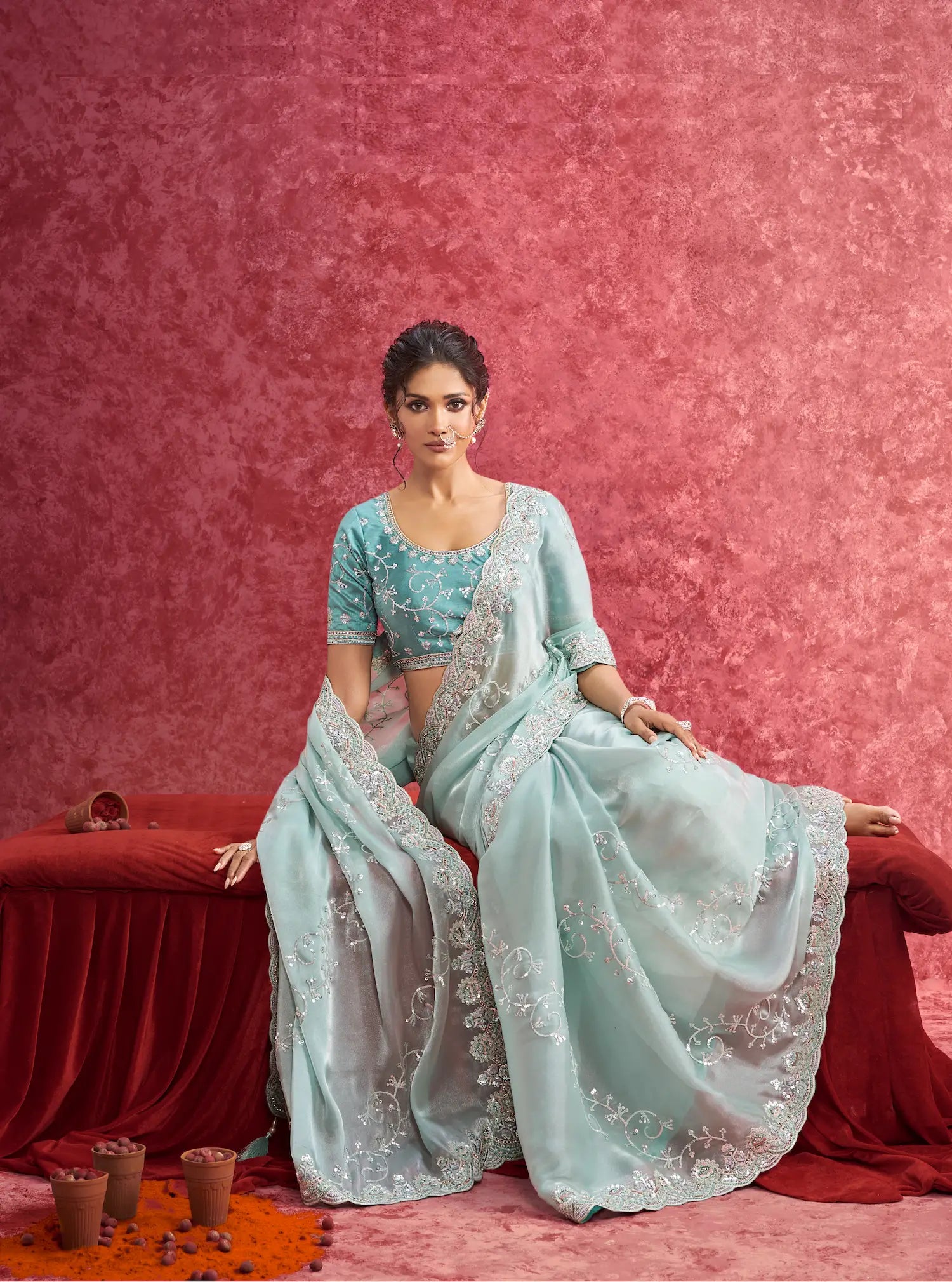Sky Blue Galaxy Embroidery Work Party wear Saree - qivii