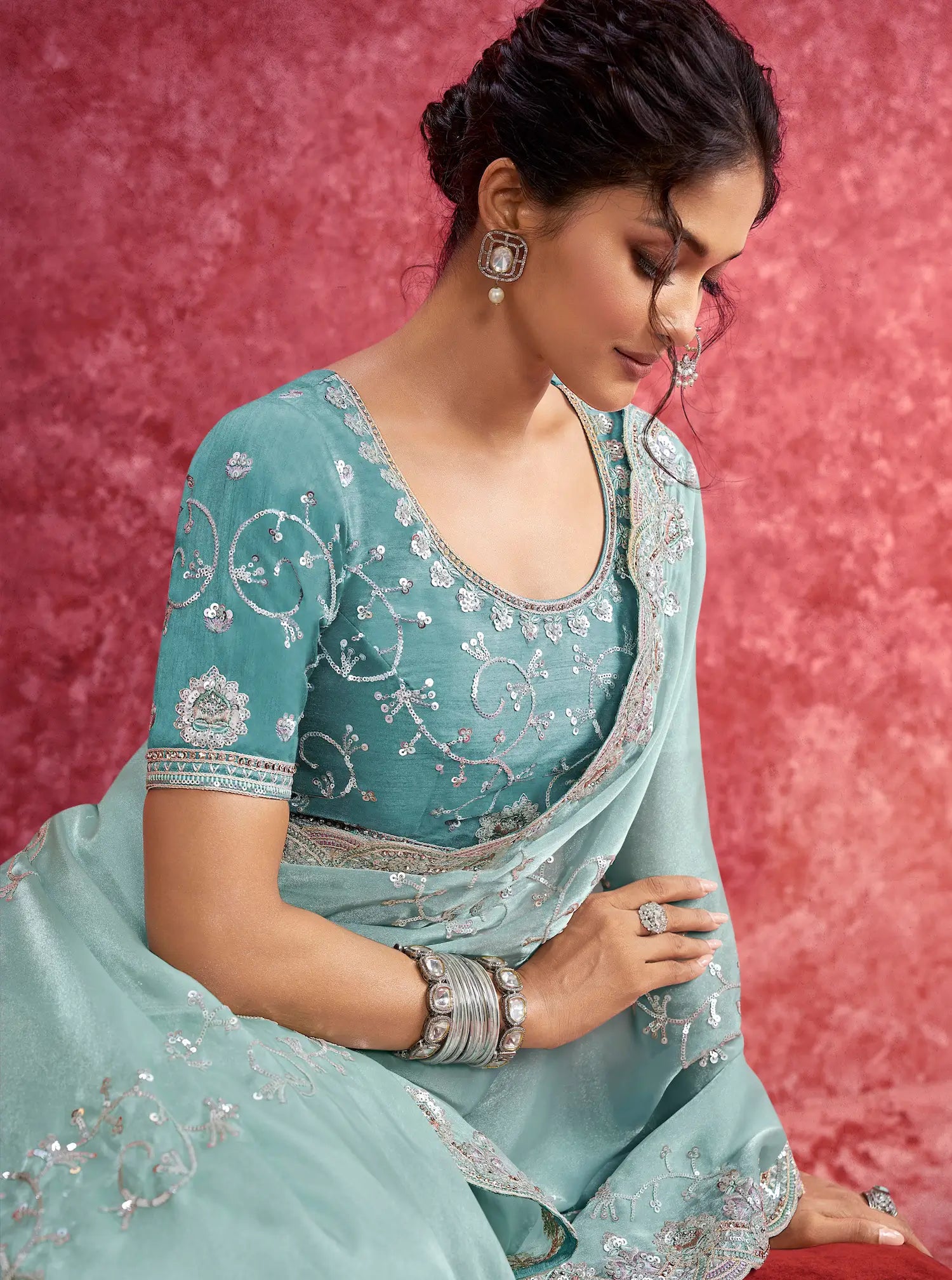 Sky Blue Galaxy Embroidery Work Party wear Saree - qivii