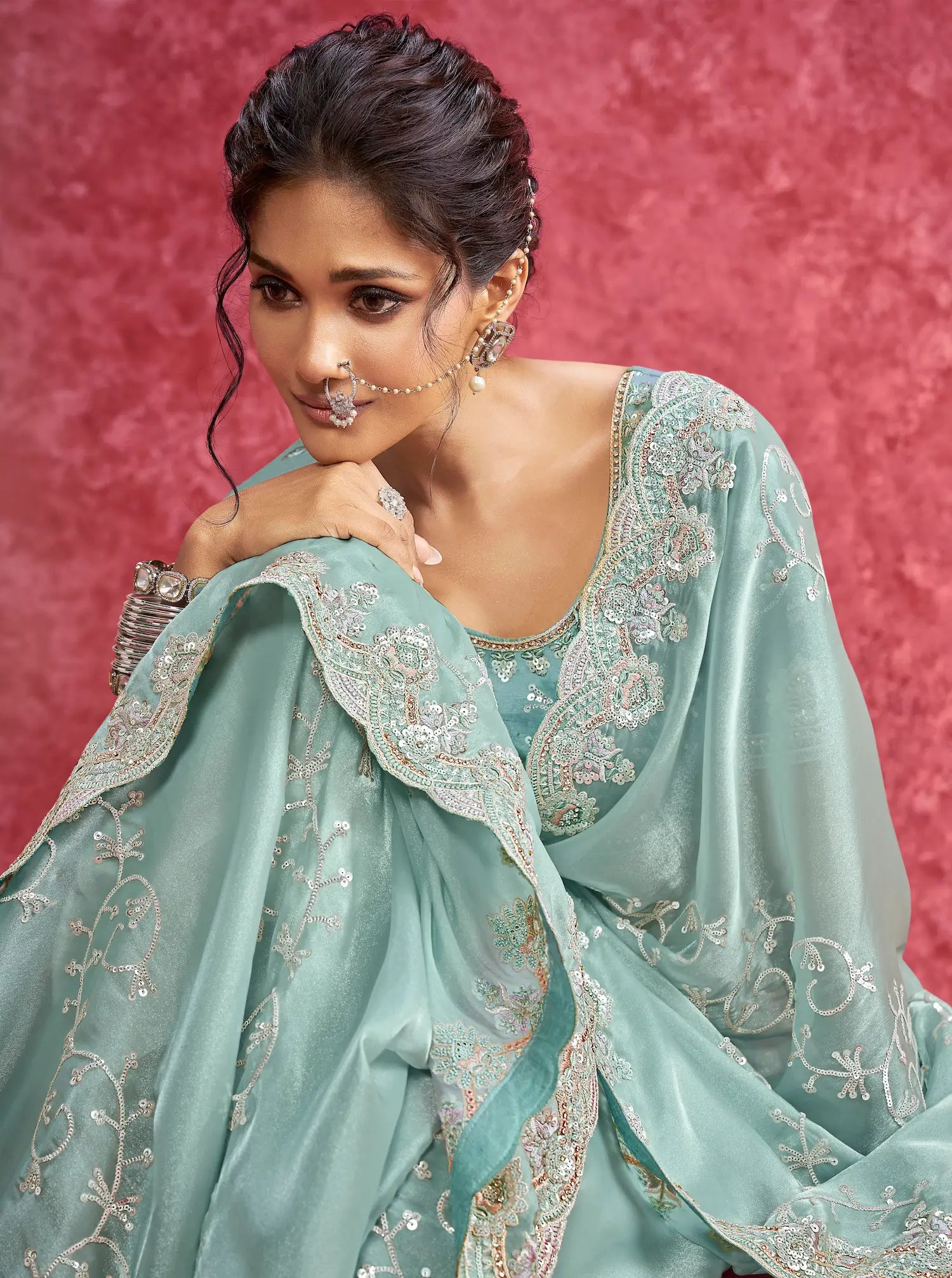 Sky Blue Galaxy Embroidery Work Party wear Saree - qivii