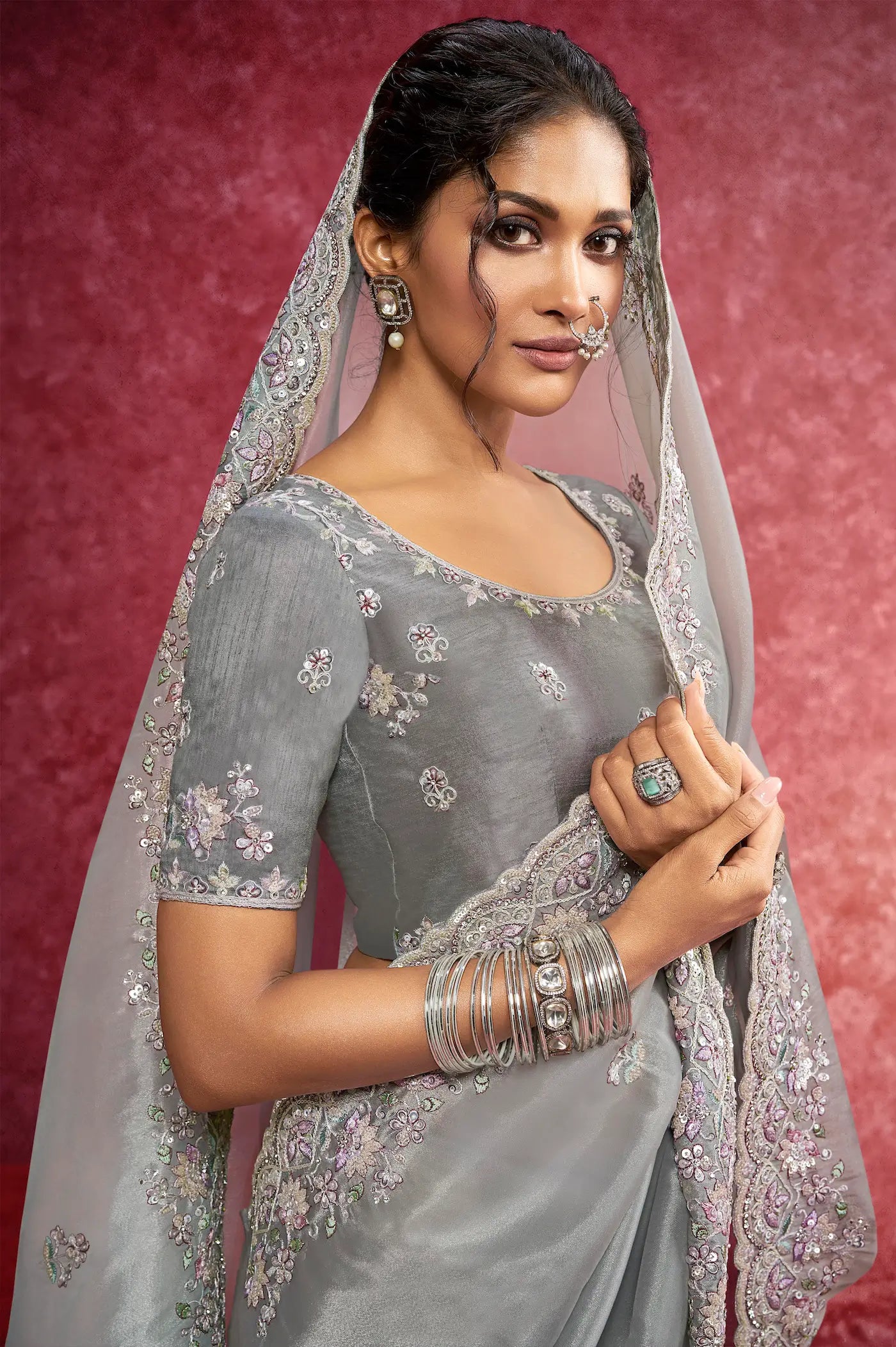 Grey Siya Silk Embroidery Work Party wear Saree - qivii