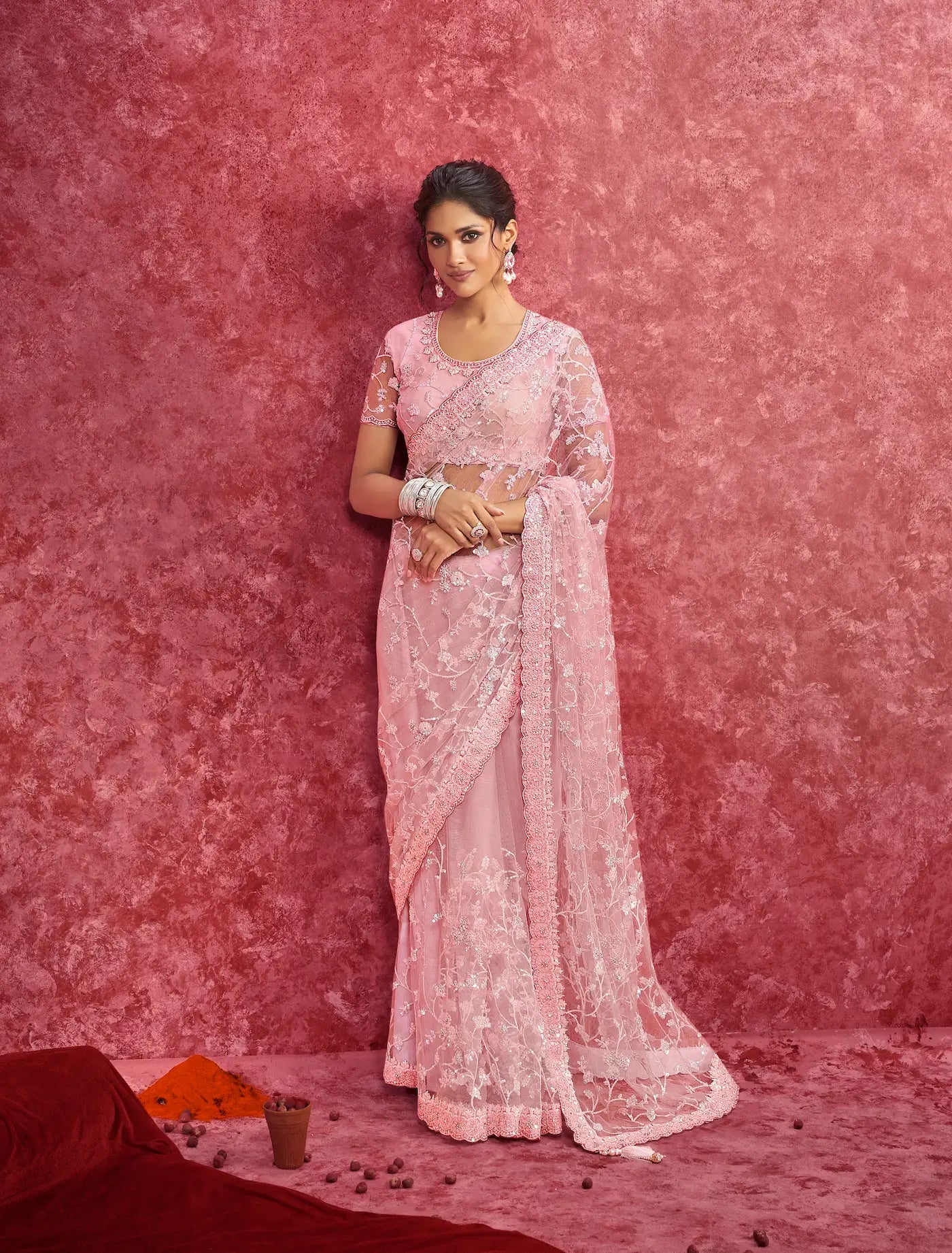 Blush Pink Net Embroidery Work Party wear Saree - qivii