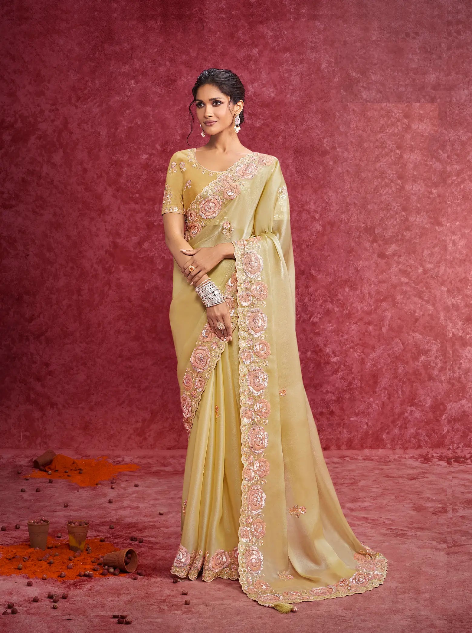 Lime Yellow Galaxy Embroidery Work Party wear Saree - qivii