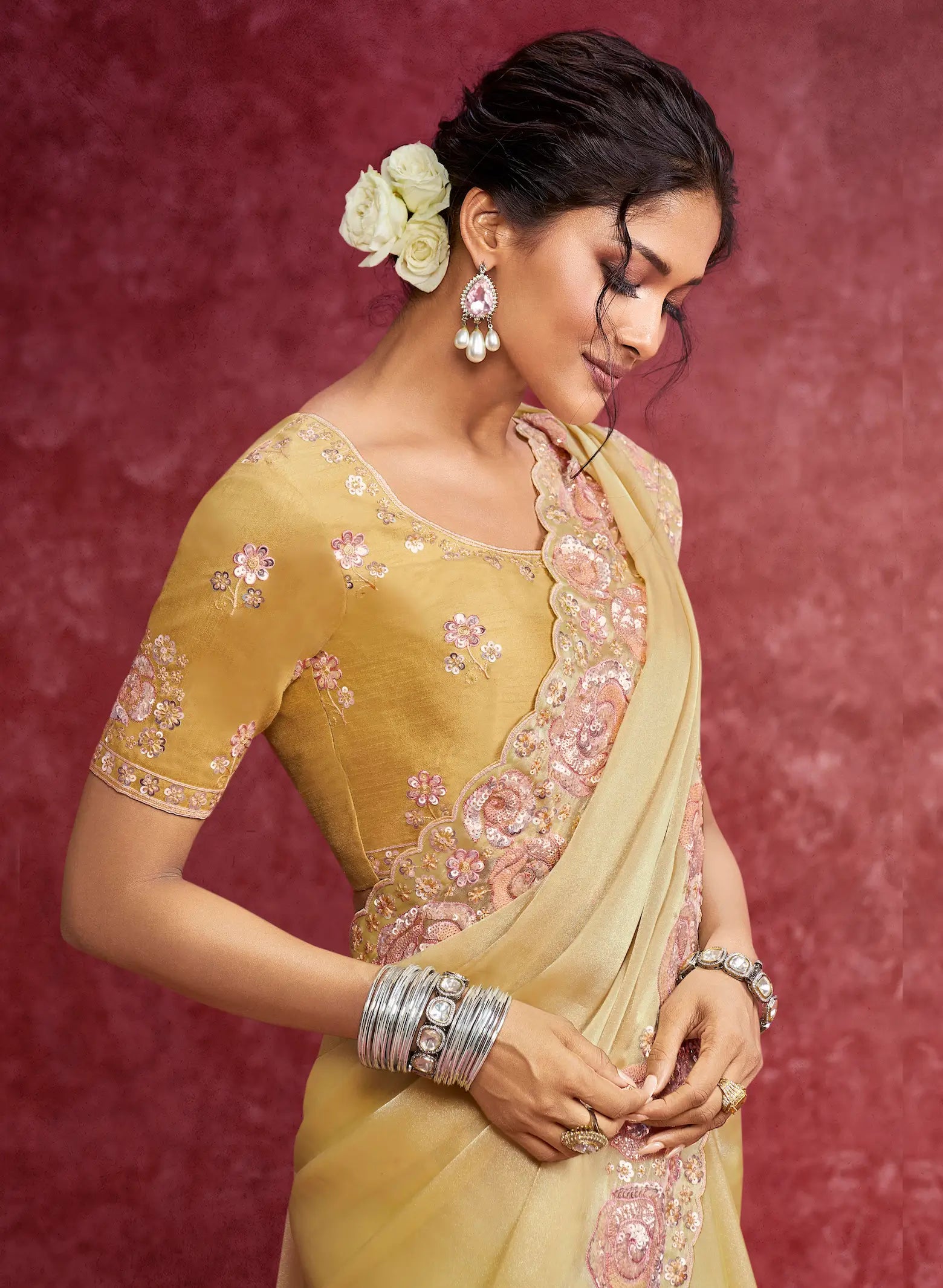 Lime Yellow Galaxy Embroidery Work Party wear Saree - qivii