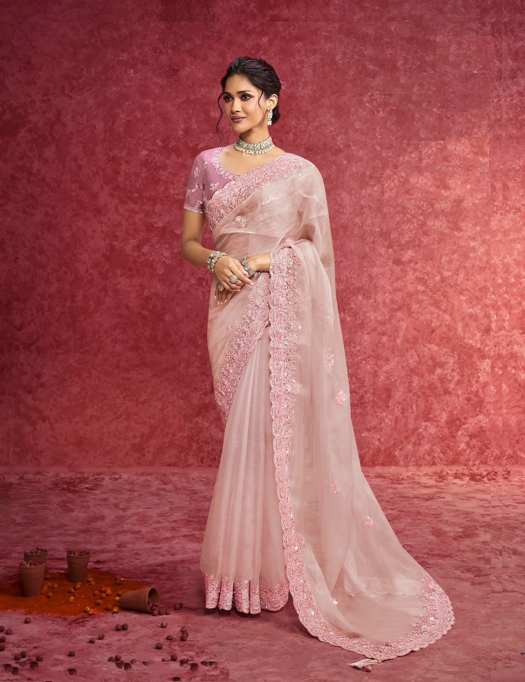 Baby Pink Weave Embroidery Work Party wear Saree - qivii