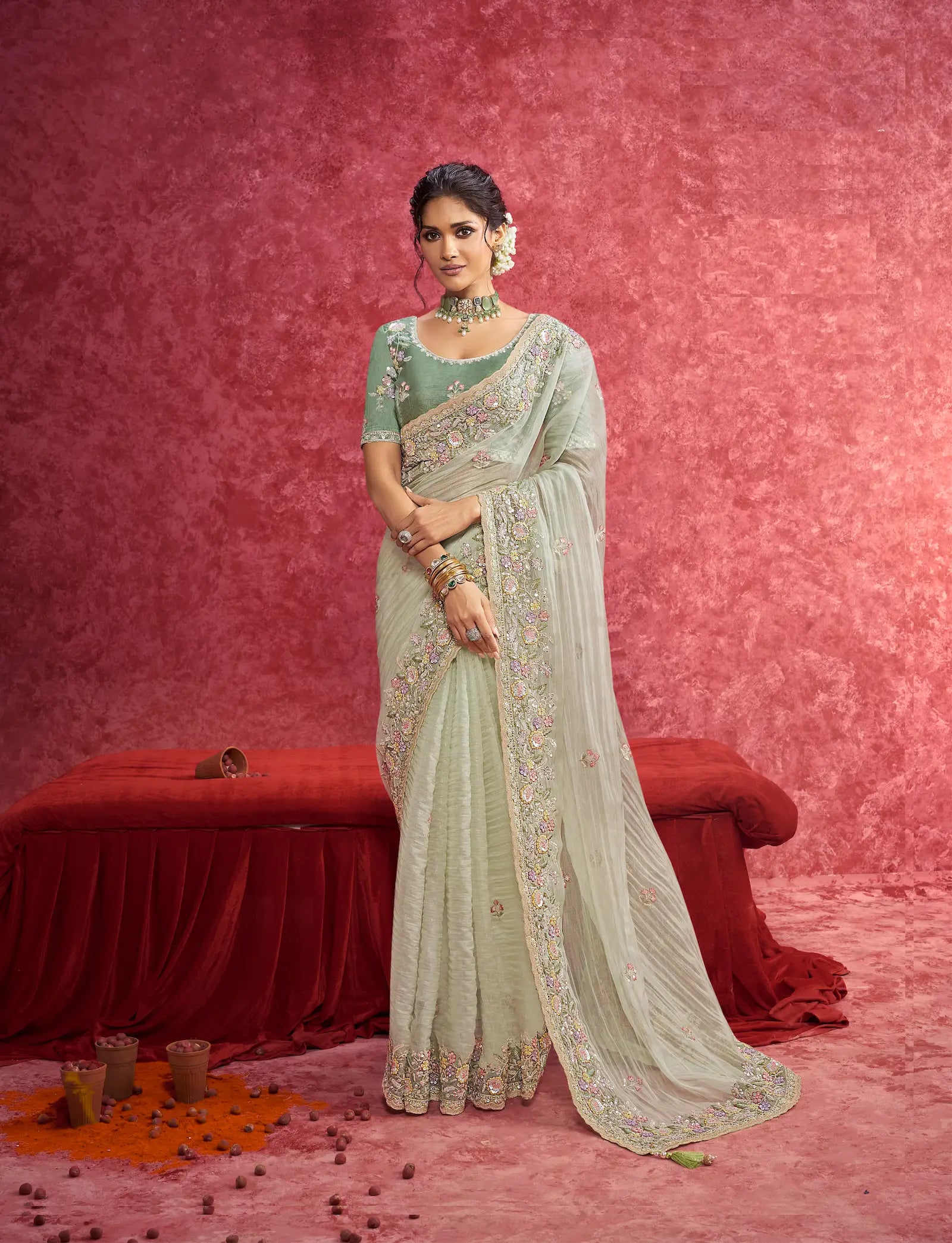 Pastel Green Weave Embroidery Work Party wear Saree - qivii