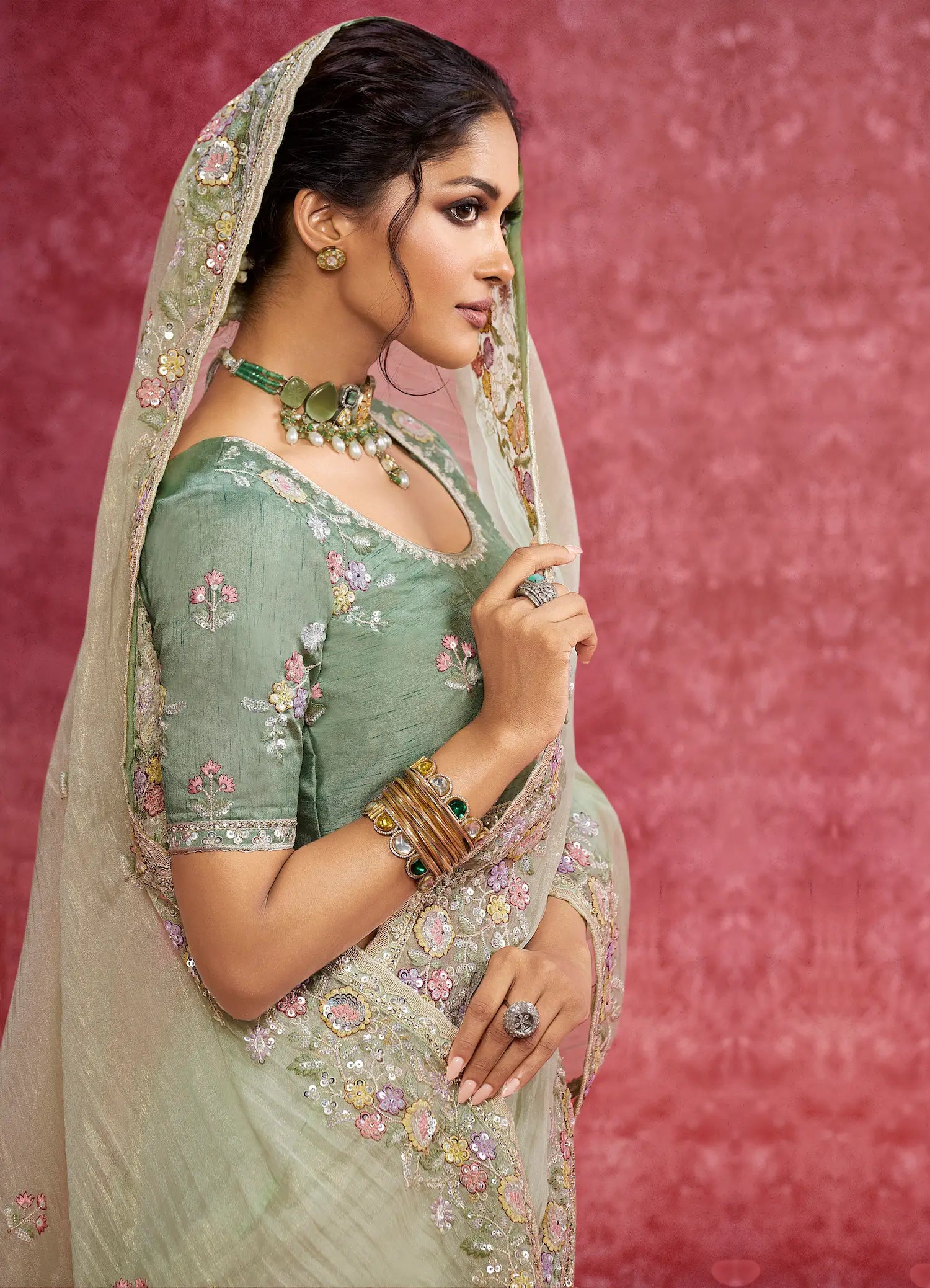 Pastel Green Weave Embroidery Work Party wear Saree - qivii