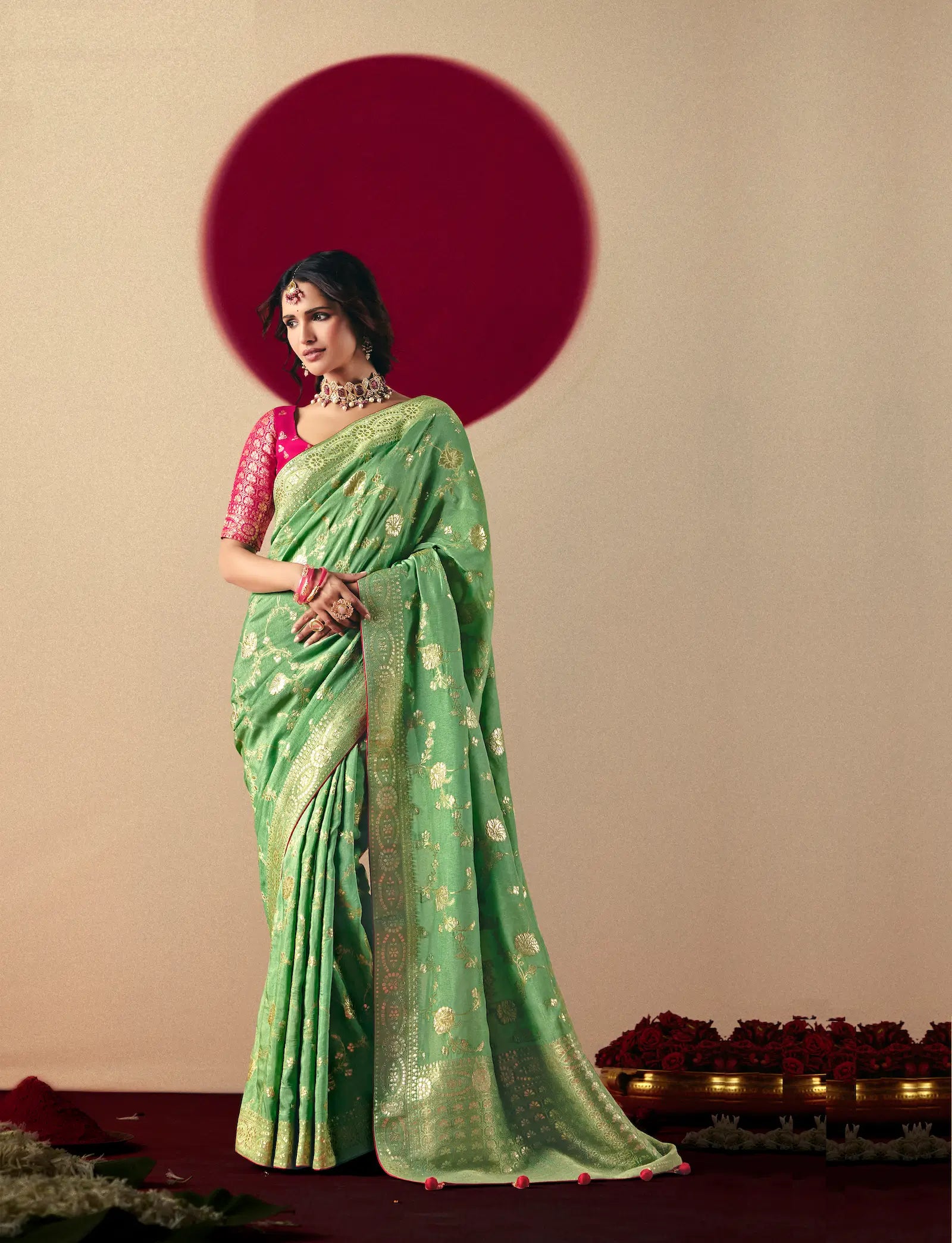 Pastel Green Viscose Zari Weaving Saree - qivii