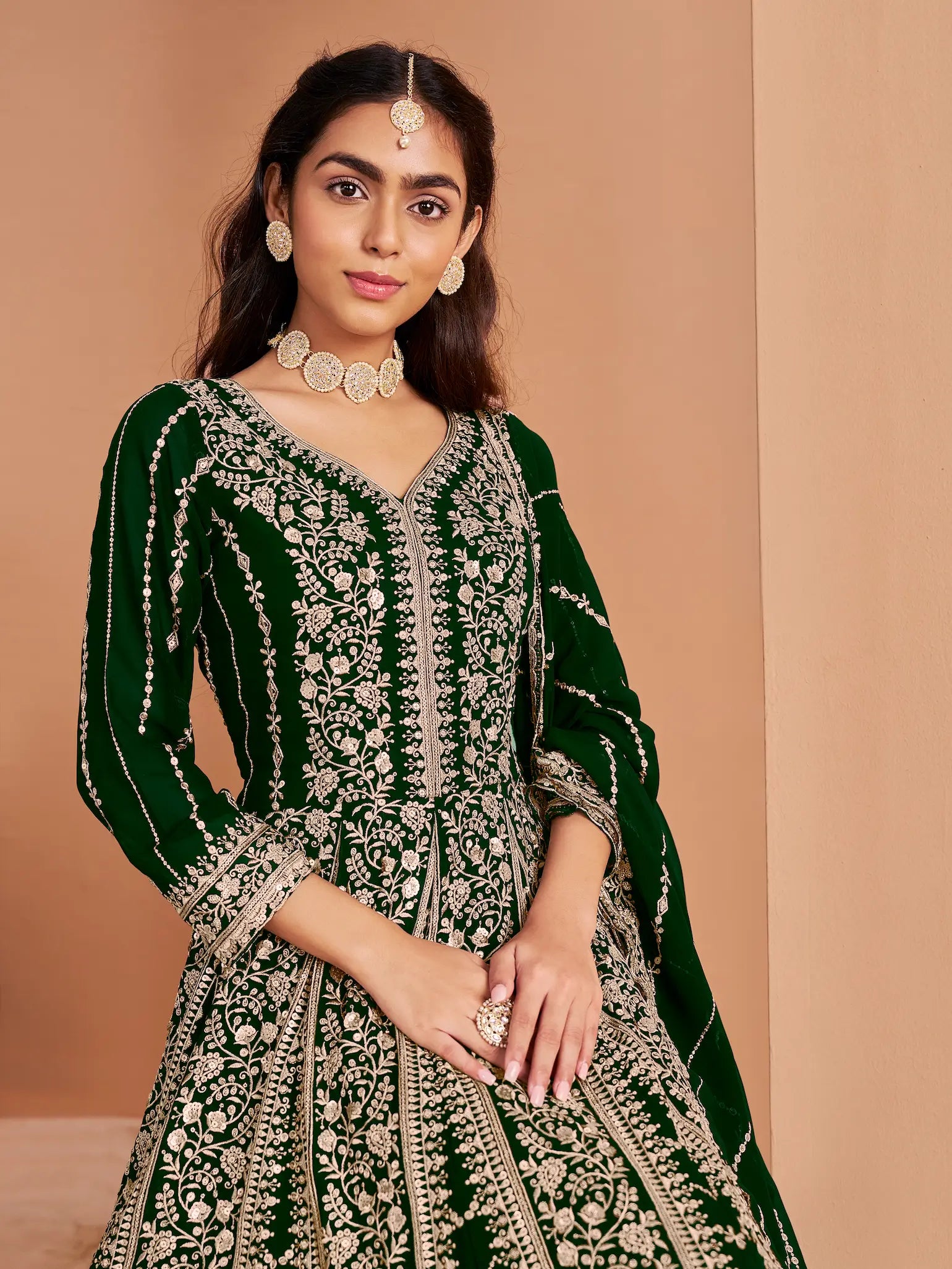 Green Georgette Gown With Sequence & Thread Embroidery Work - qivii