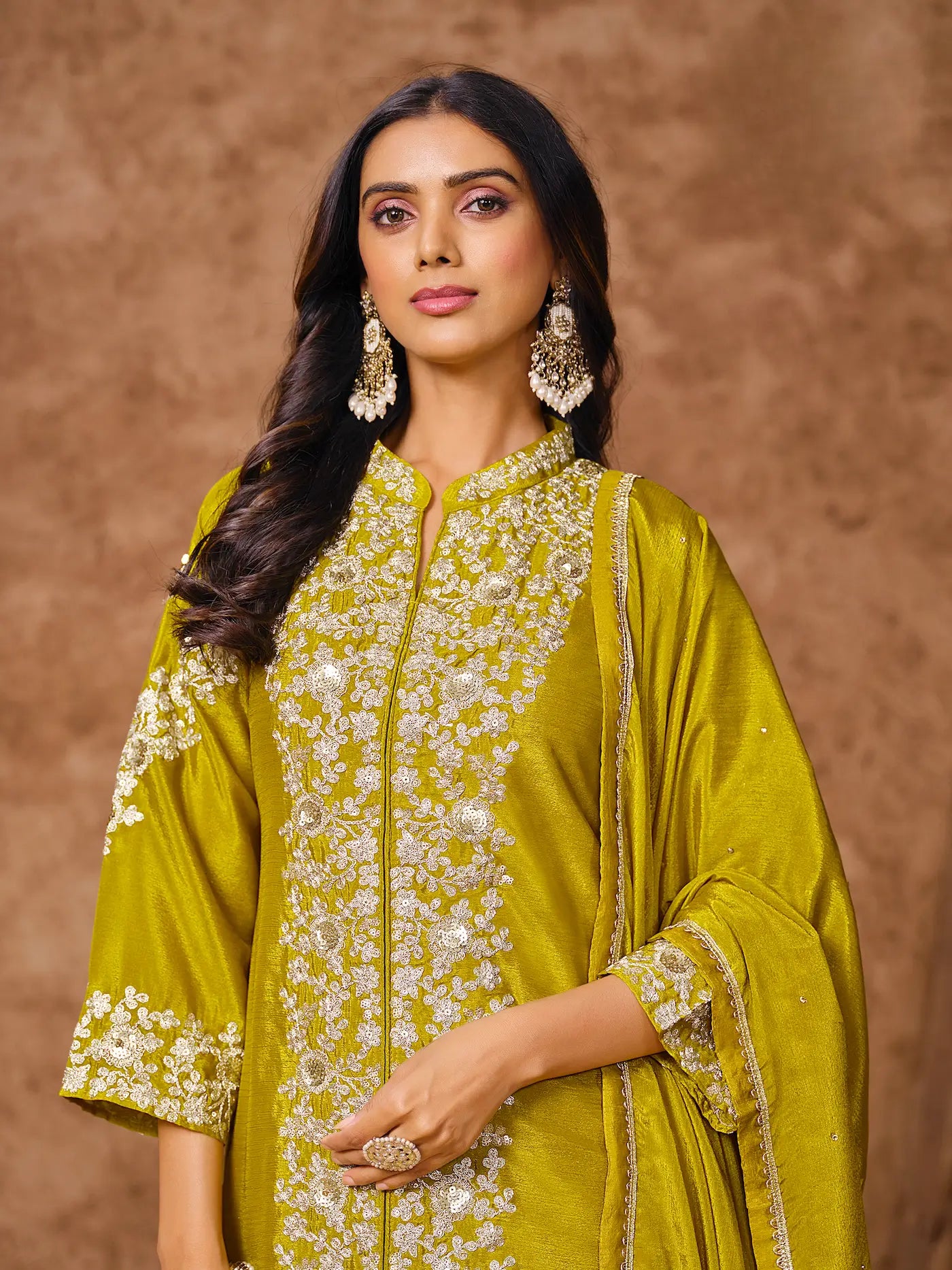 Yellow Chinon Palazzo Salwar Suit With Thread & Sequins Embroidery Work - qivii