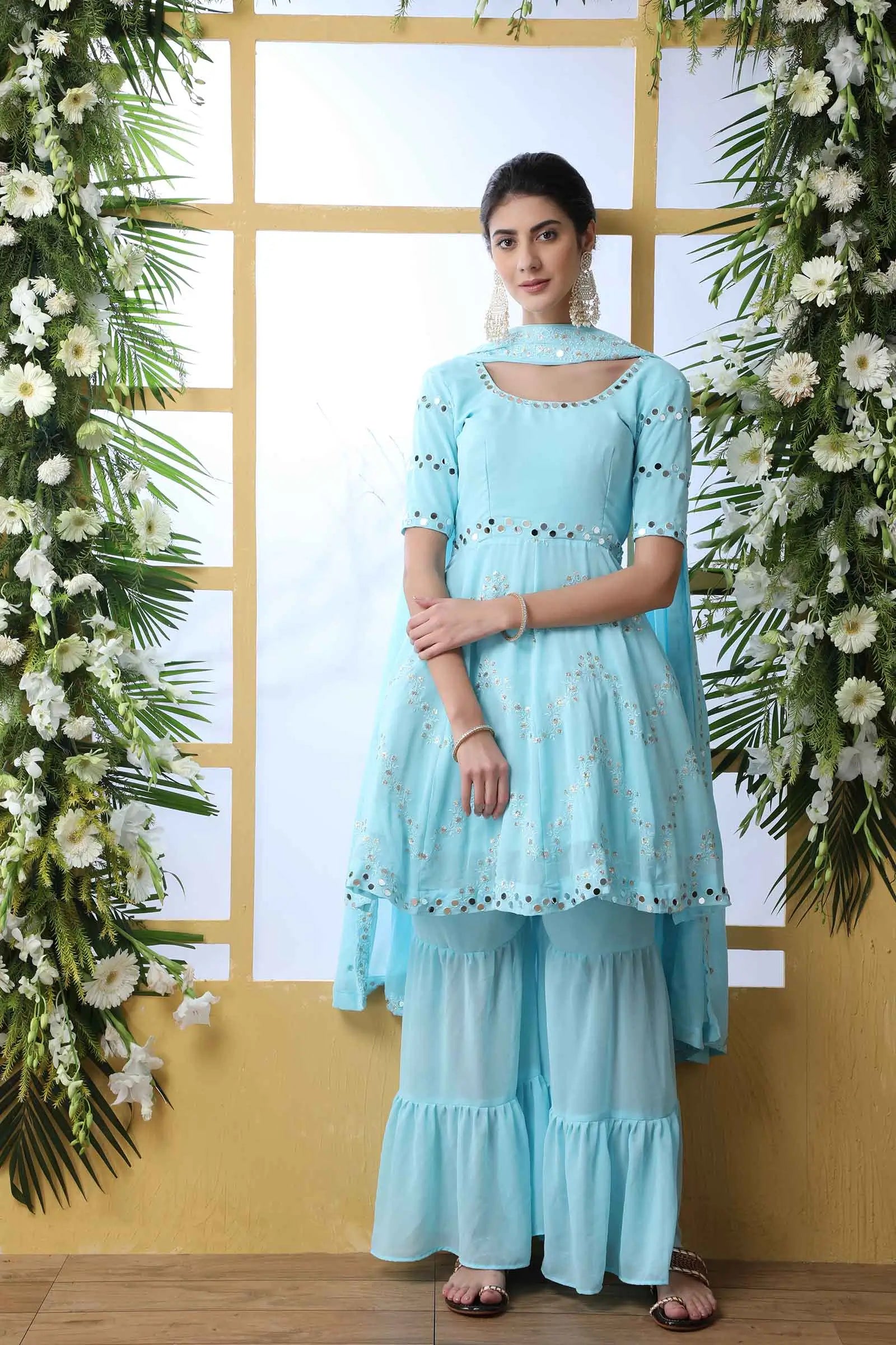 Sky Blue Georgette Salwar Suit With Thread Sequins Work With Mirror Pasting - qivii