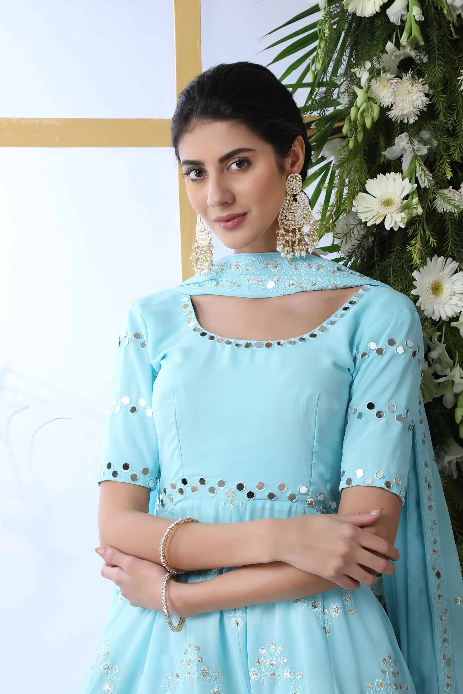 Sky Blue Georgette Salwar Suit With Thread Sequins Work With Mirror Pasting