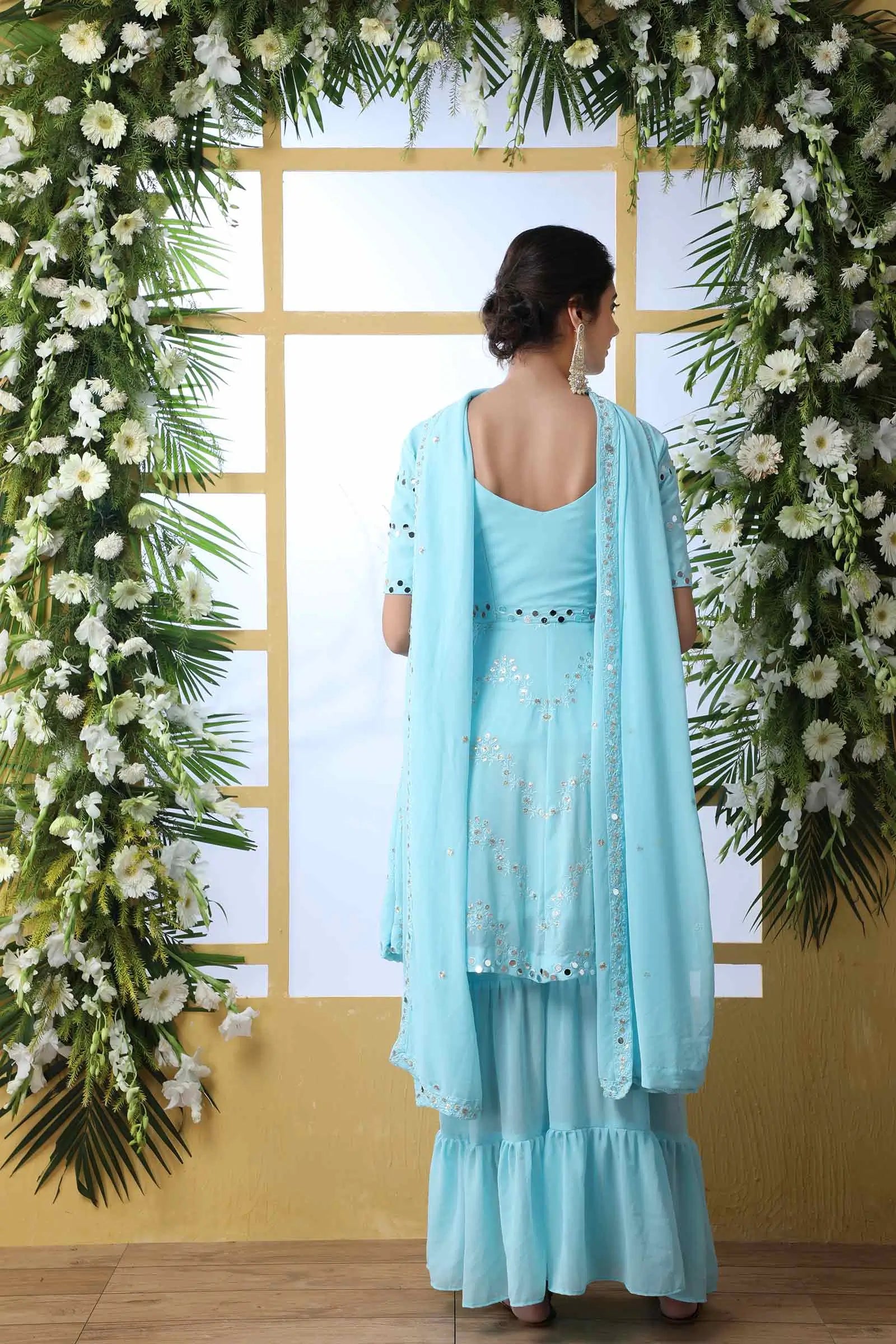 Sky Blue Georgette Salwar Suit With Thread Sequins Work With Mirror Pasting