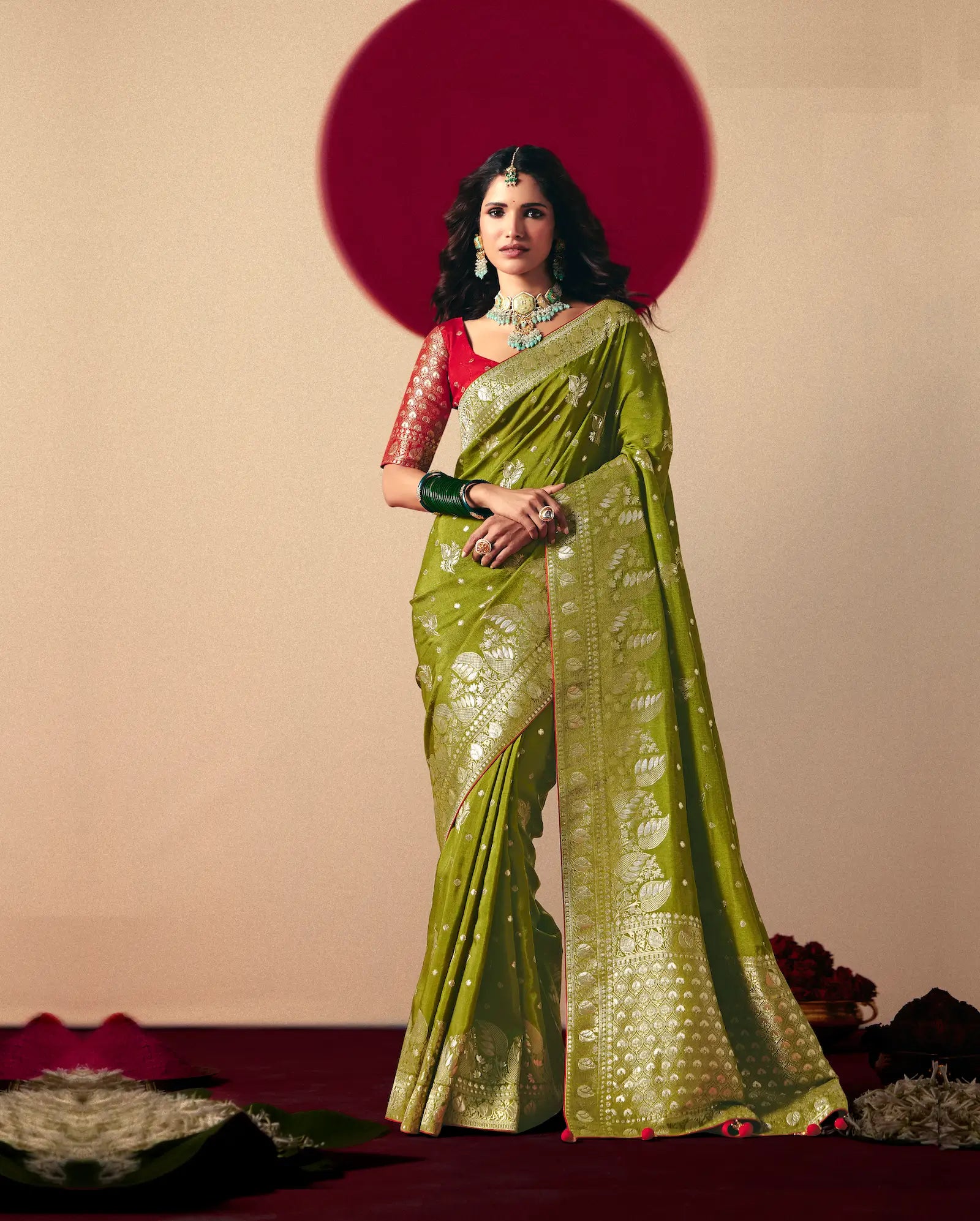 Olive Green Viscose Zari Weaving Saree - qivii
