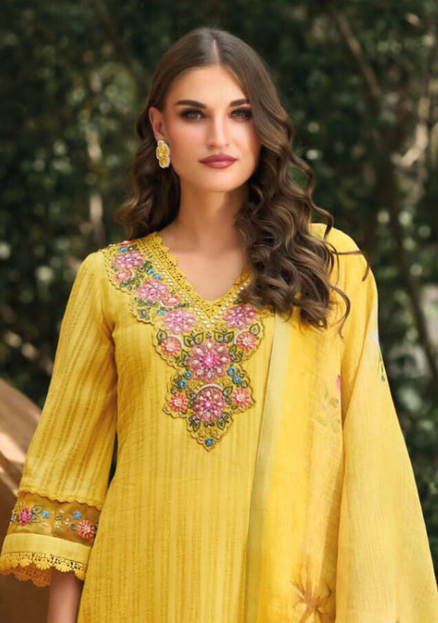 YELLOW PURE  COTTON DESGINER FANCY THERD MIRRORS WORK AND HAND WORK SALWAR SUIT