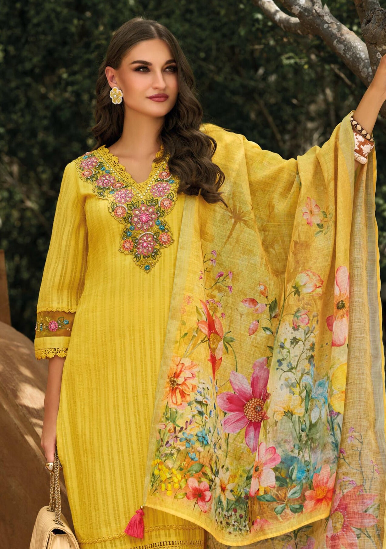 YELLOW PURE  COTTON DESGINER FANCY THERD MIRRORS WORK AND HAND WORK SALWAR SUIT