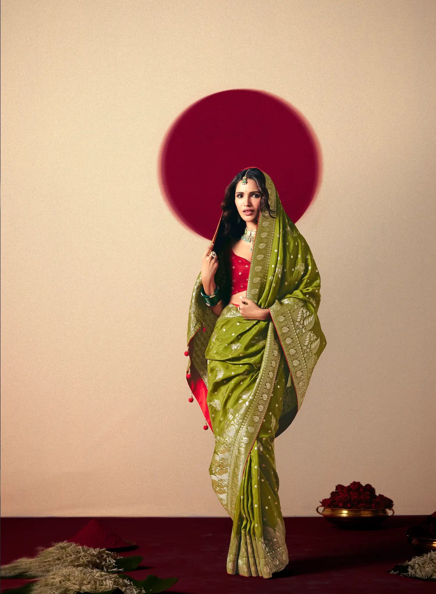 Olive Green Viscose Zari Weaving Saree - qivii