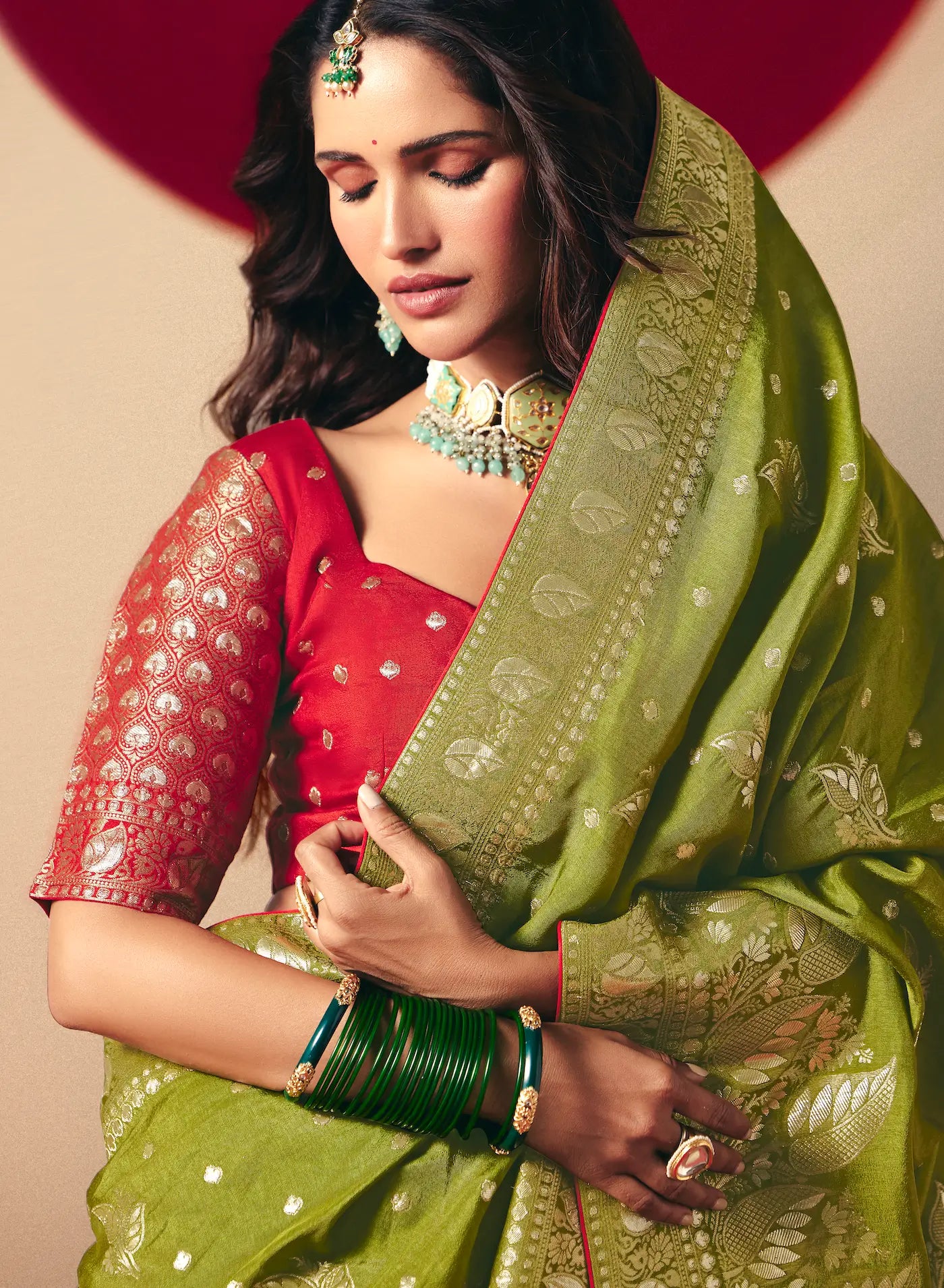 Olive Green Viscose Zari Weaving Saree