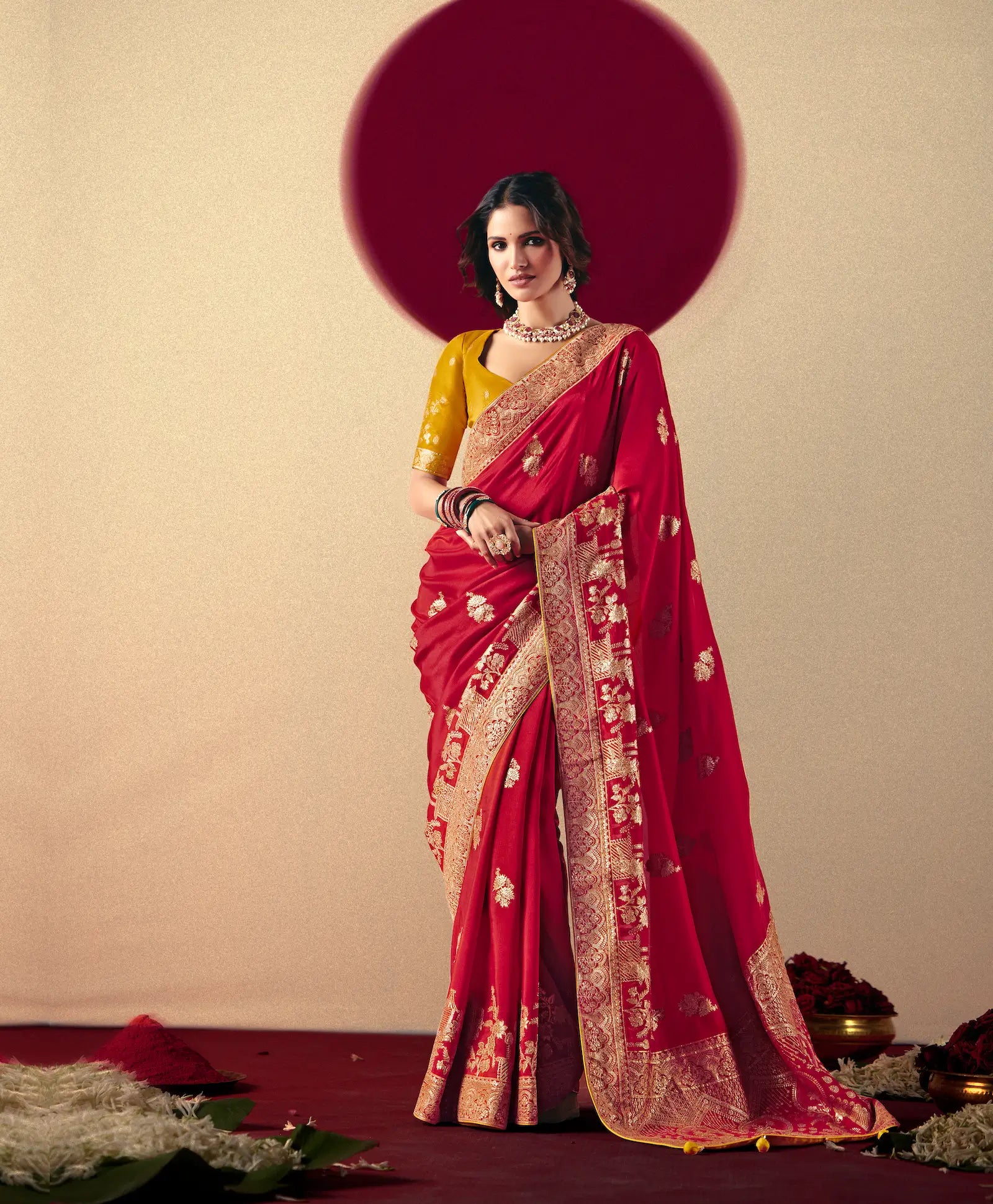 Rose Red Viscose Zari Weaving Saree - qivii