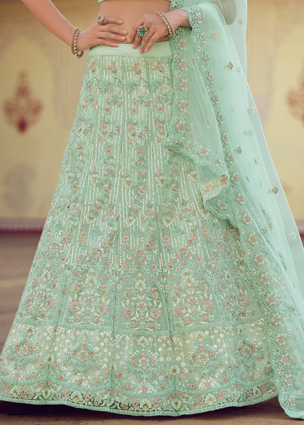 Mint Green Soft Net Lehenga Choli with Sequins, Thread, Zari & Dori work | Ready To Wear - qivii