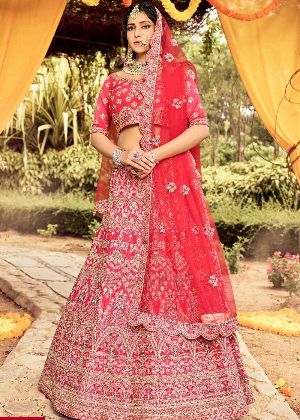 Carmine Pink Raw Silk Lehenga Choli with Resham, Zarkan & Dori work | Ready To Wear - qivii