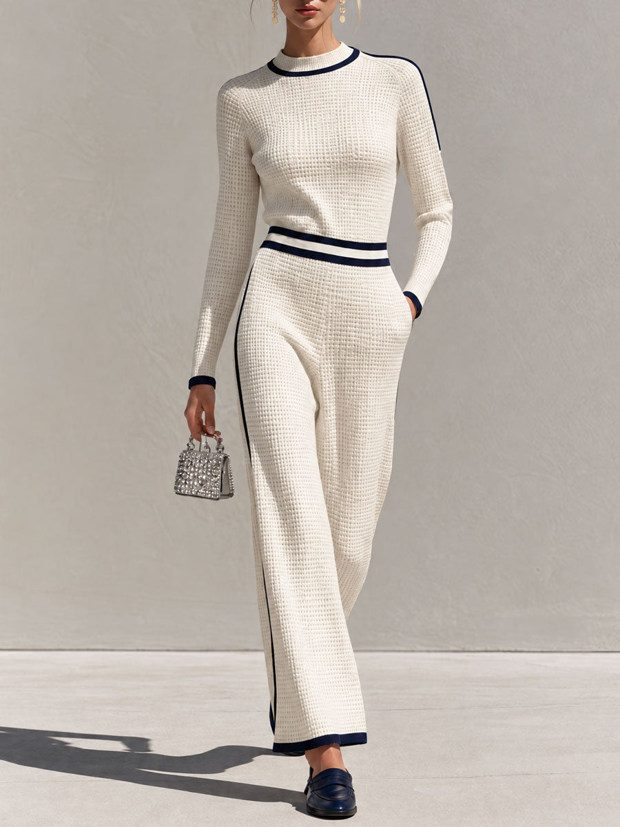 Retro Casual Color-blocked White Knit Top And Pants Set - By Qivii