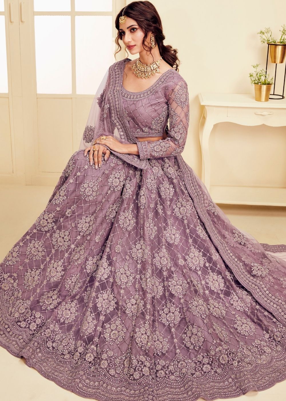 Plum Violet Soft Net Lehenga Choli with Cording Embroidery & Stone work | Ready To Wear - qivii