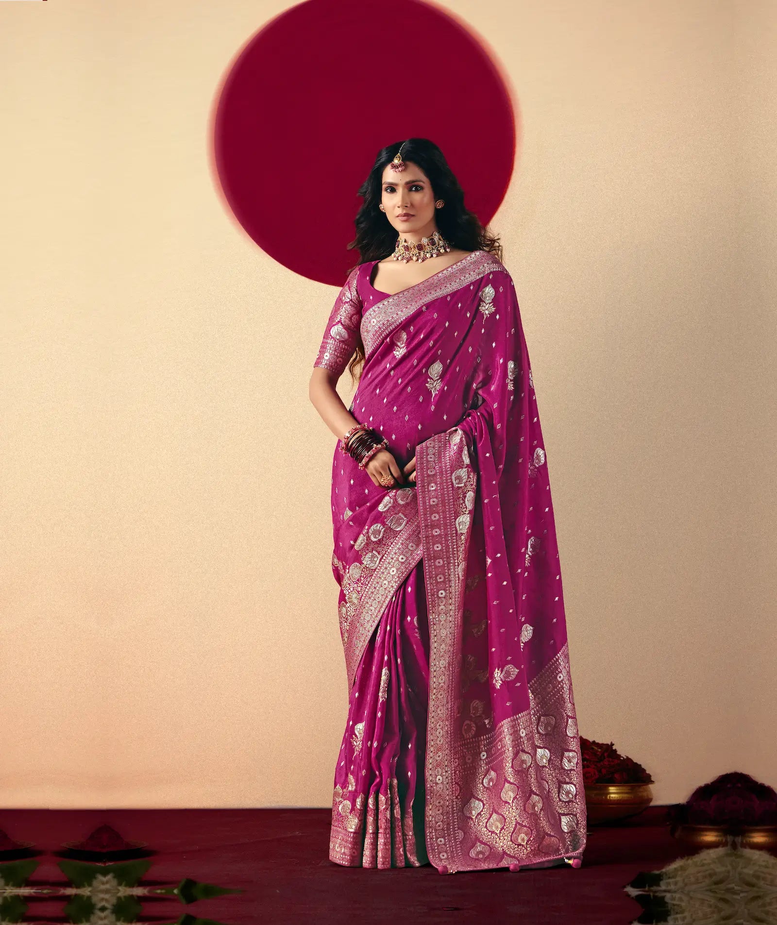 Rani Pink Viscose Zari Weaving Saree - qivii