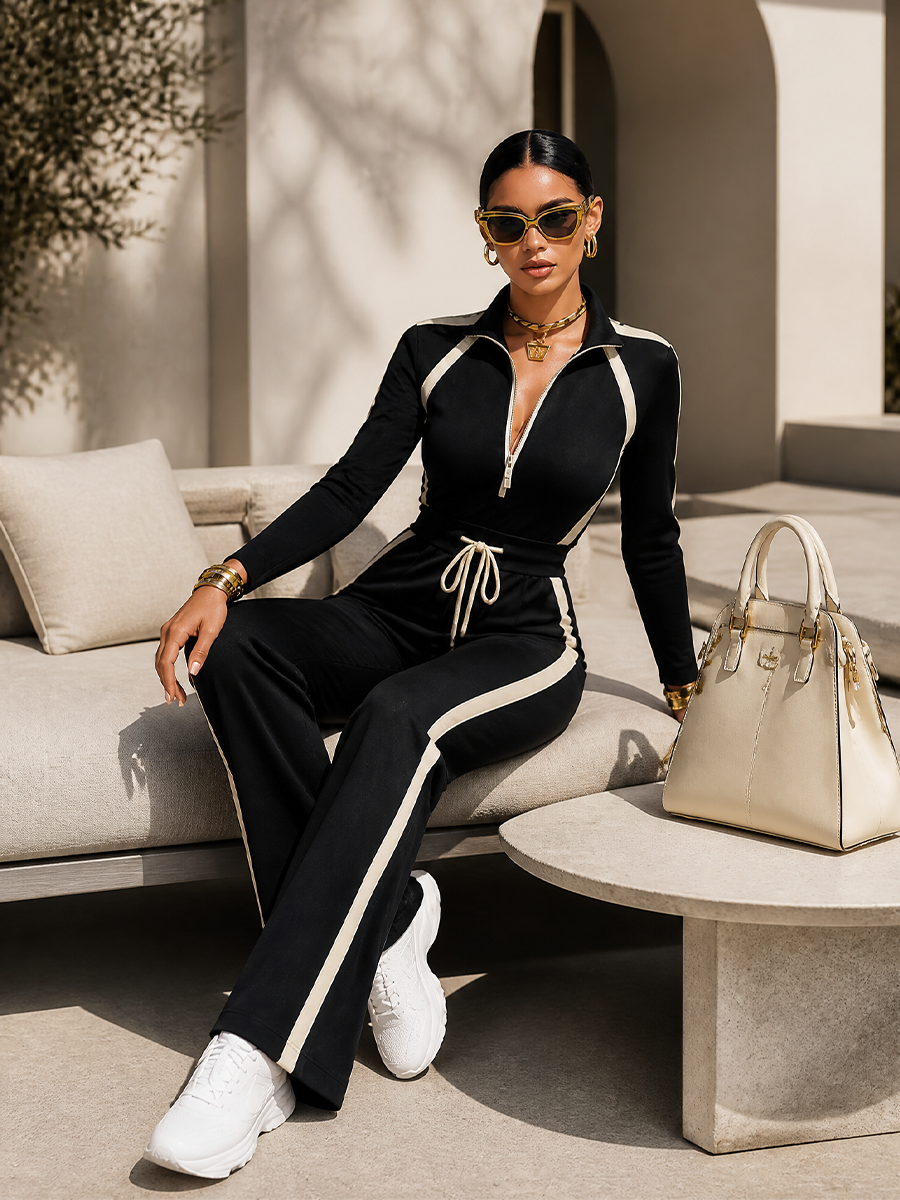 Women's Waist‑Tracked Sporty Striped Zip Collar Jumpsuit MDZ1256H1LYL