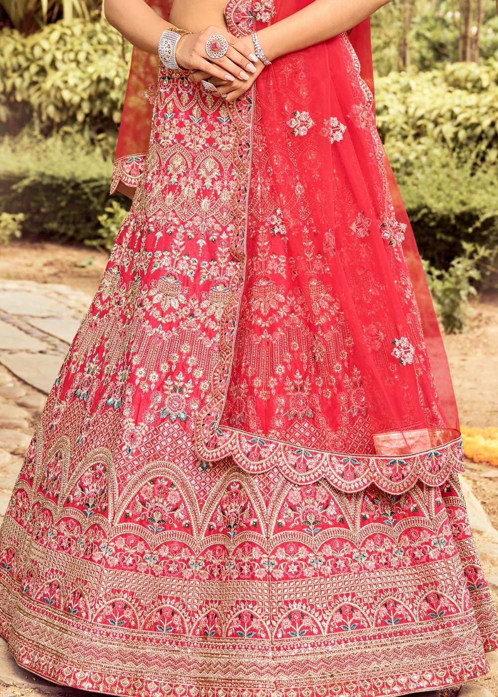 Carmine Pink Raw Silk Lehenga Choli with Resham, Zarkan & Dori work | Ready To Wear - qivii
