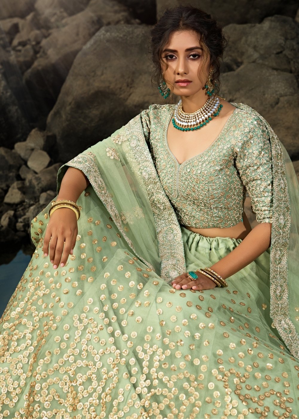 Emerald Green Designer Soft Net Lehenga Choli with Sequins & Dori work | Ready To Wear - qivii