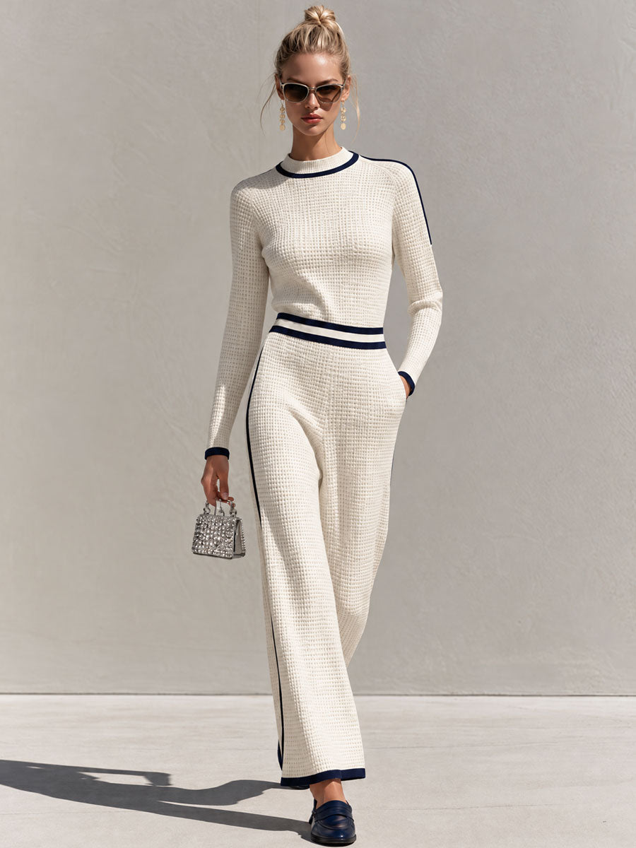 Retro Casual Color-blocked White Knit Top And Pants Set - By Qivii