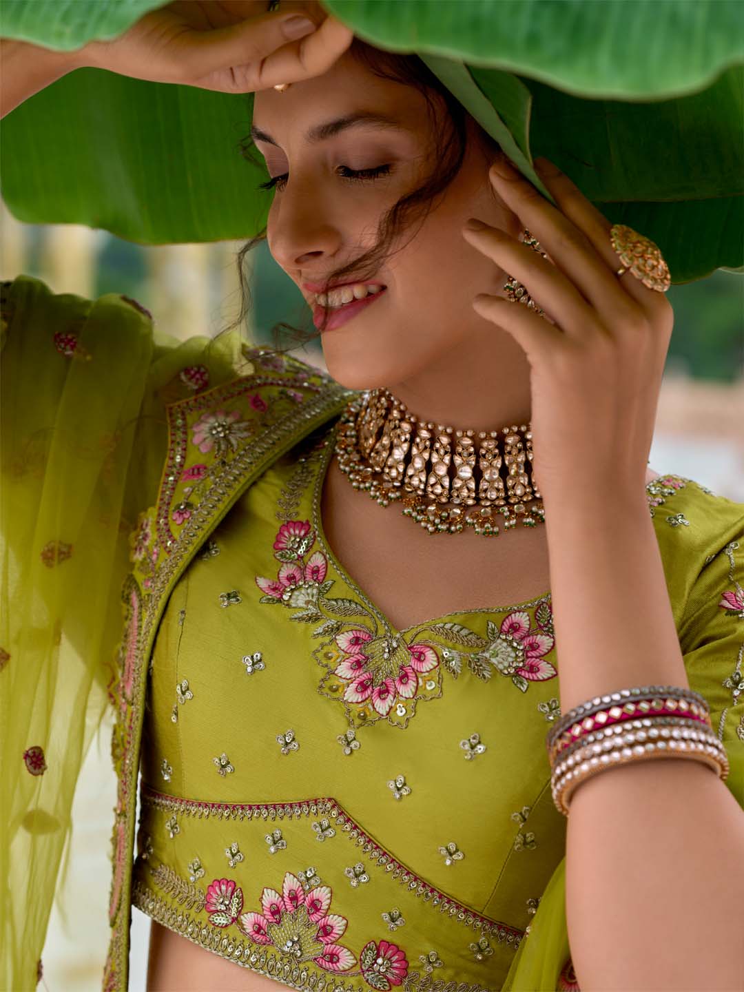 Limegreen Shade Heavy Designer Embroidered Patchwork Silk Semi Stitched Lehenga Choli - qivii