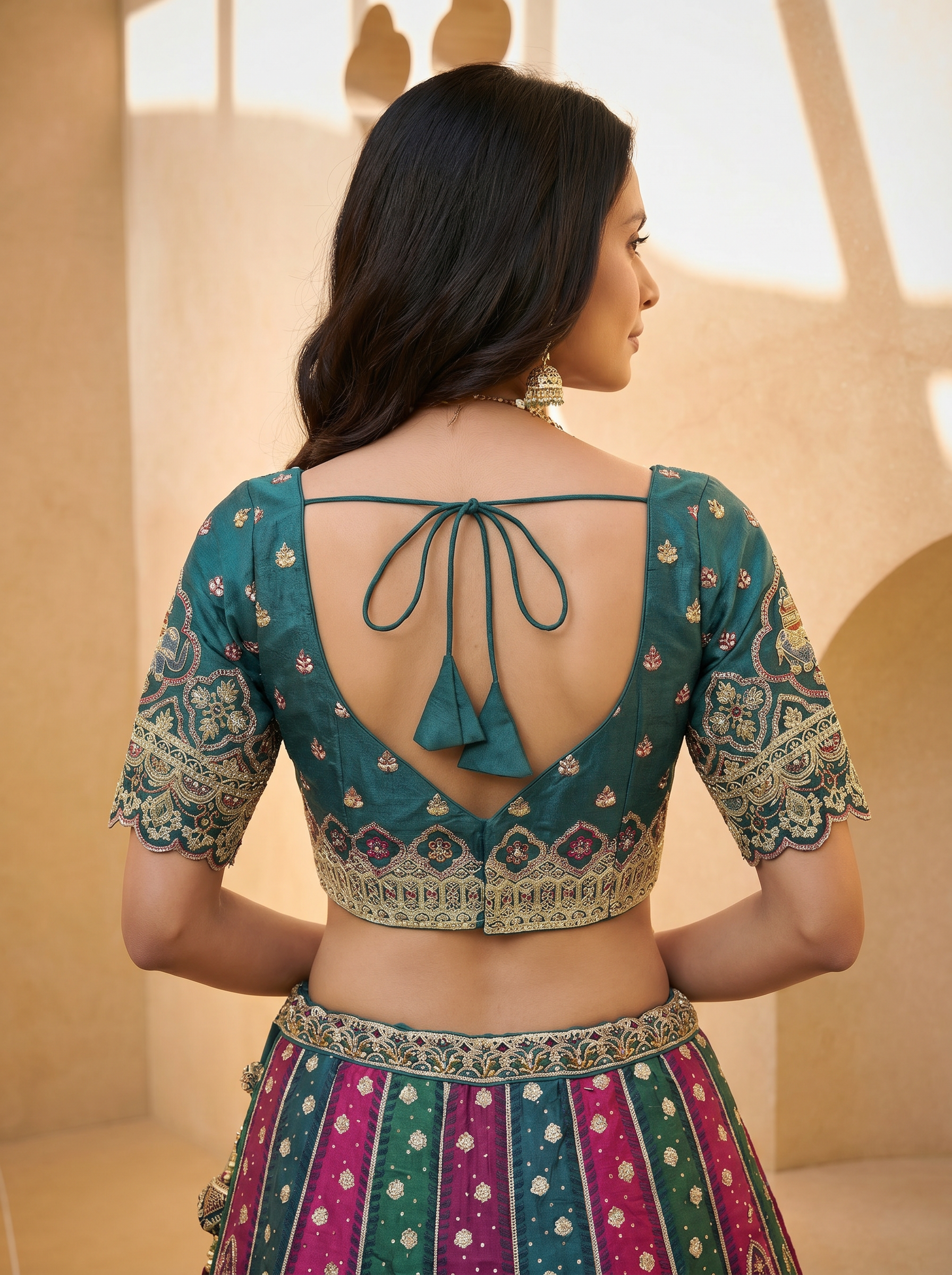 Teal - Position Print Georgette Golden Embroidered Work Ready to Wear Lehenga Choli