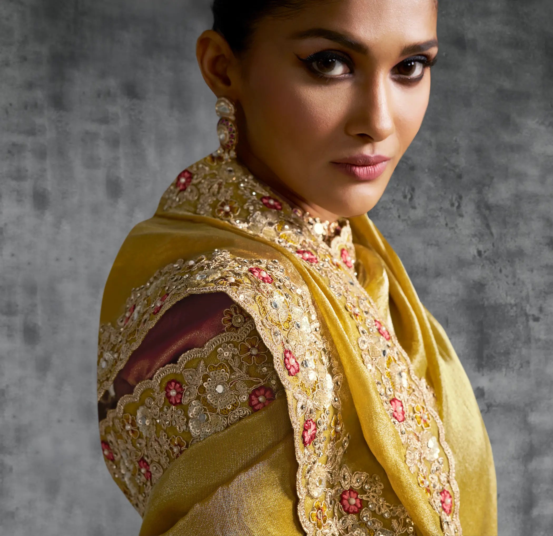 Sand Yellow Zari Tissue Hand Work & Embroidery Saree