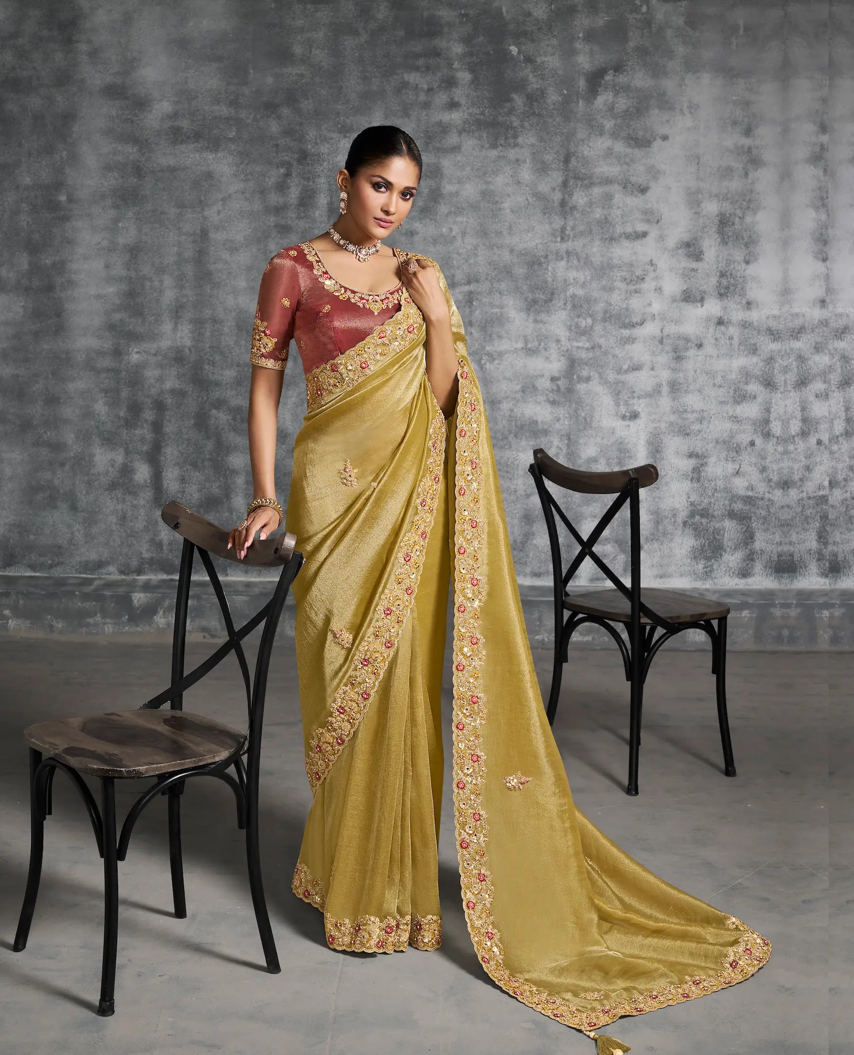 Sand Yellow Zari Tissue Hand Work & Embroidery Saree
