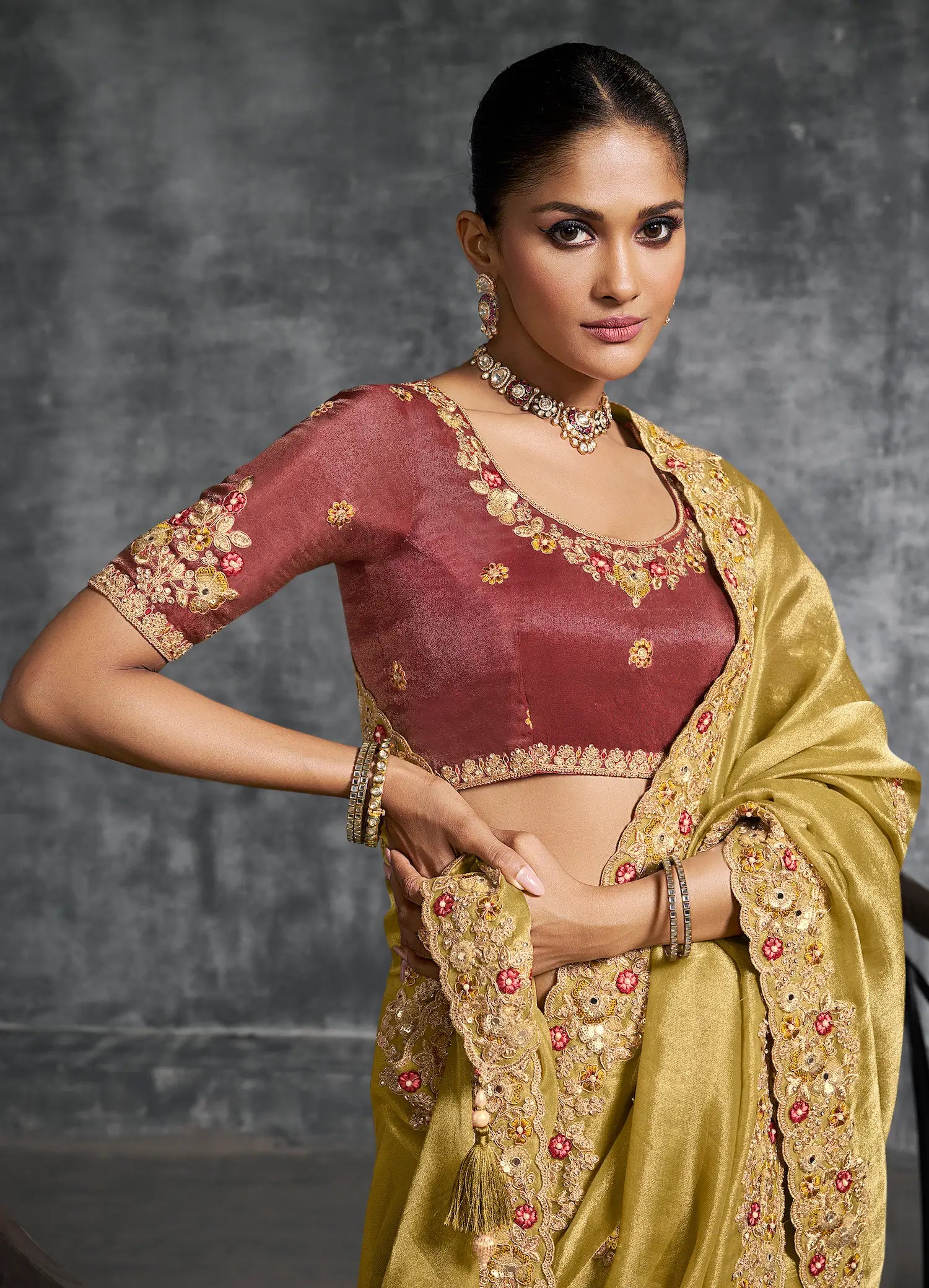 Sand Yellow Zari Tissue Hand Work & Embroidery Saree