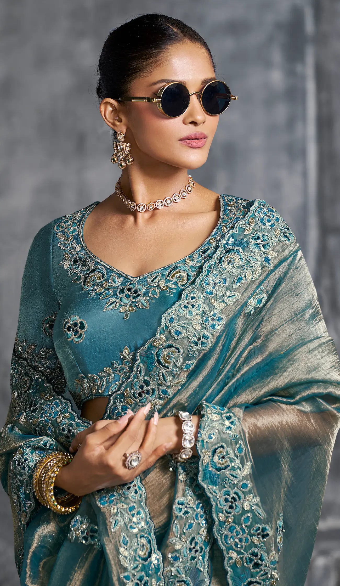 Greyish Teal Zari Tissue Hand Work & Embroidery Saree - qivii