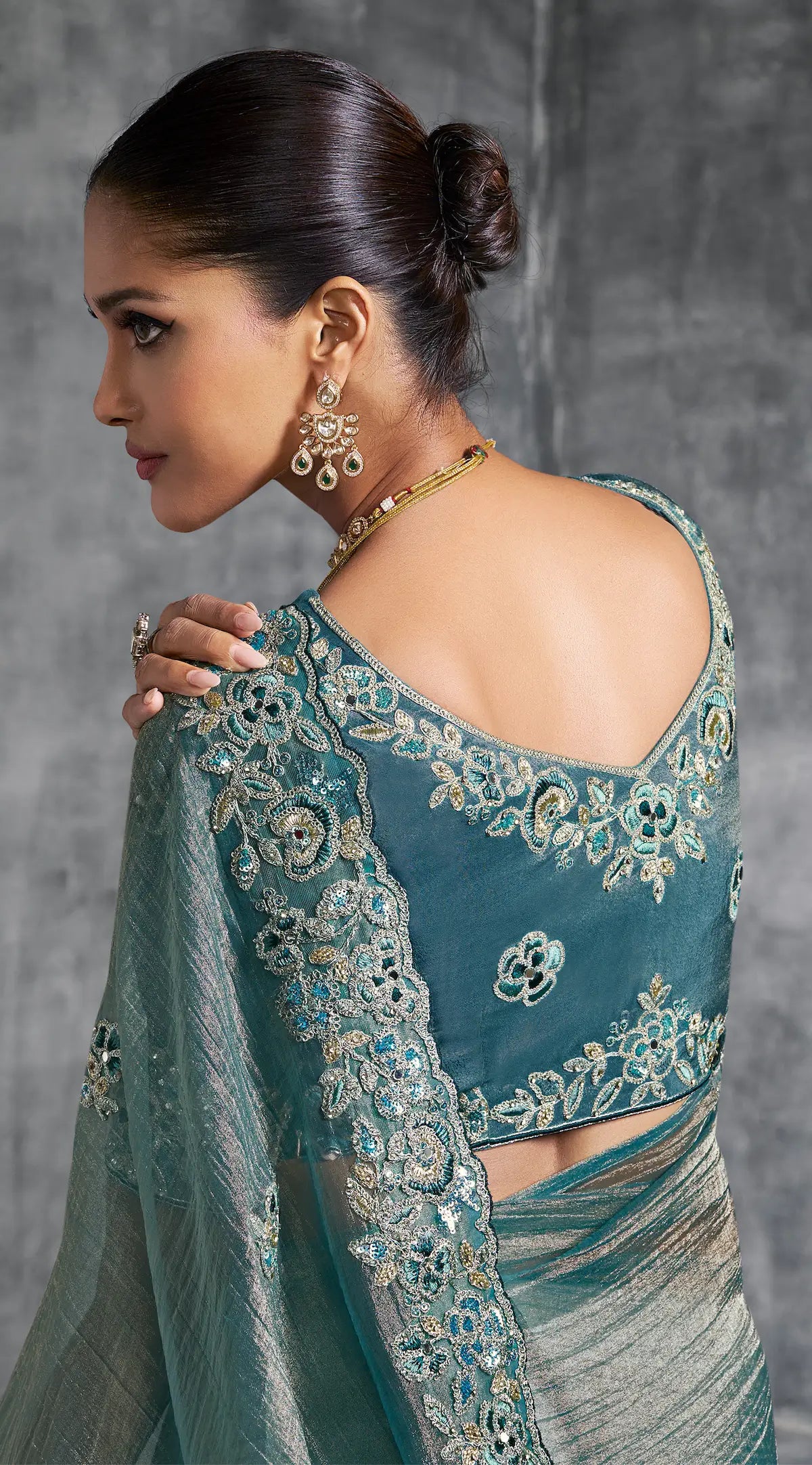 Greyish Teal Zari Tissue Hand Work & Embroidery Saree - qivii