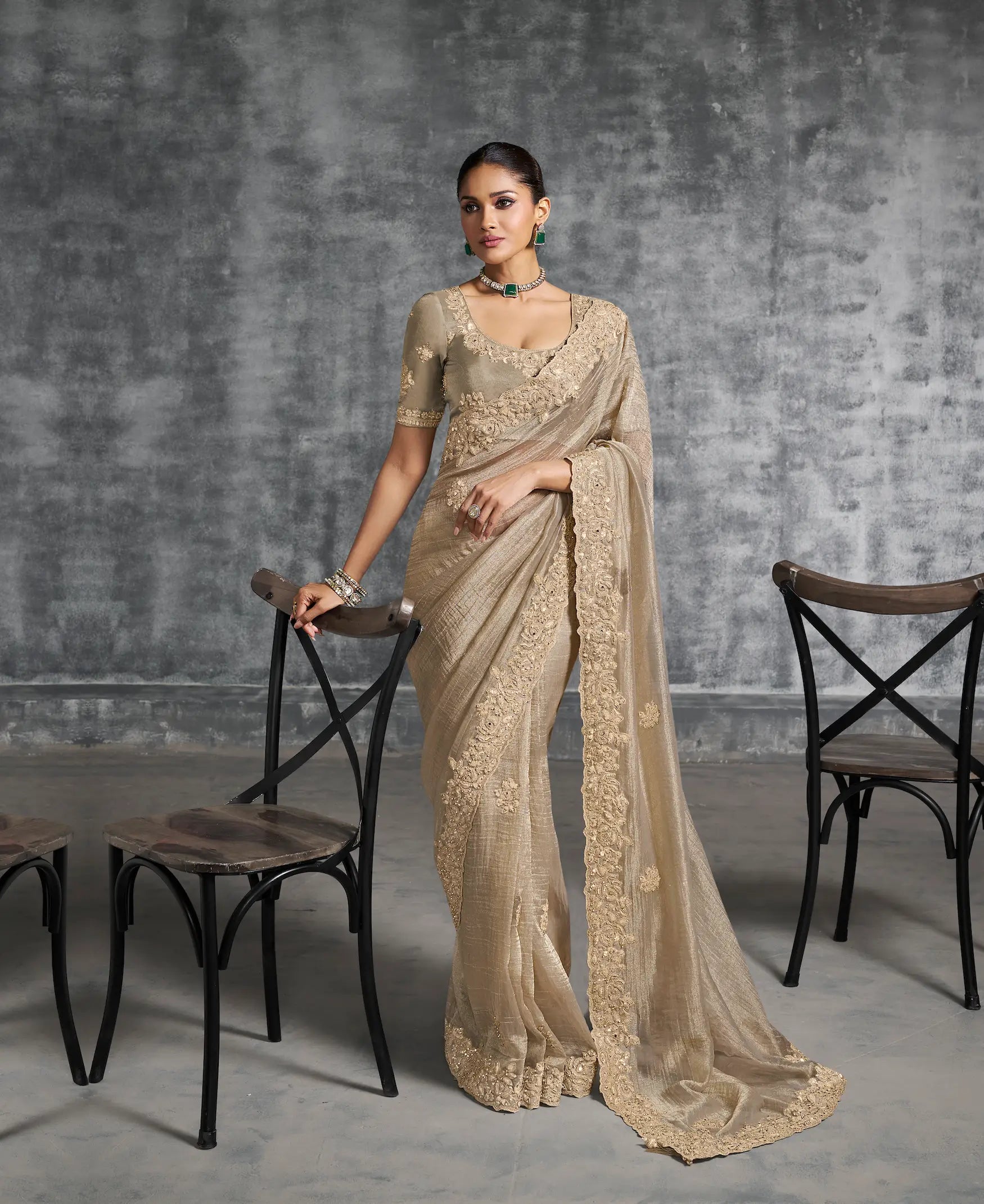Almond Beige Zari Tissue Hand Work & Embroidery Saree - qivii