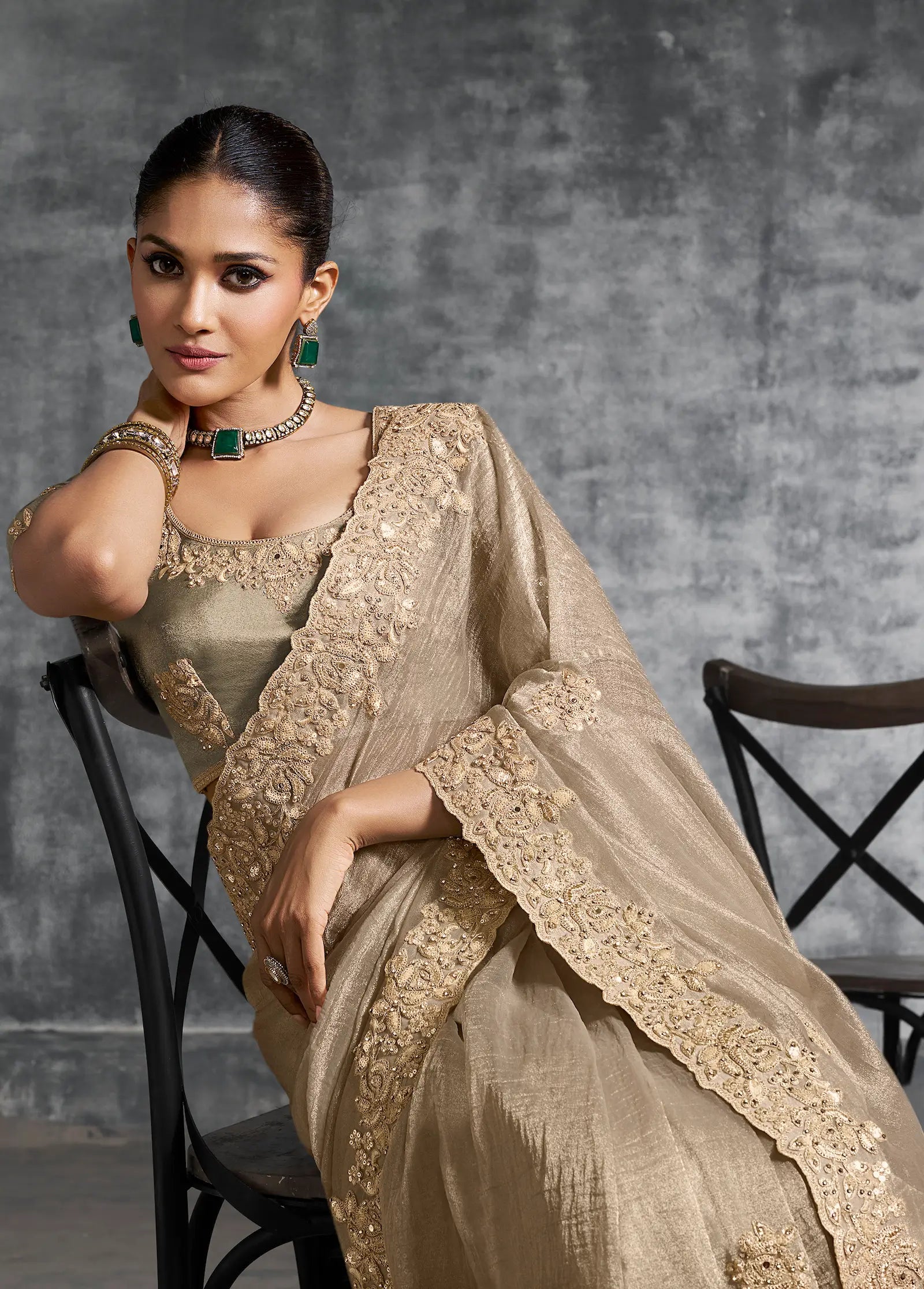Almond Beige Zari Tissue Hand Work & Embroidery Saree - qivii