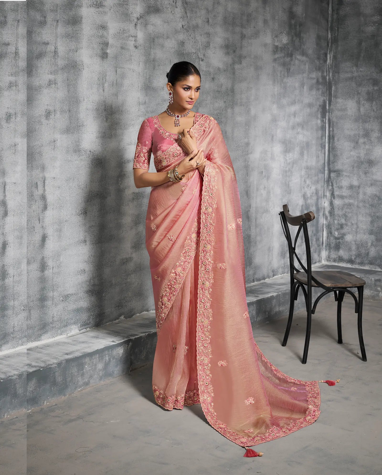 Peach Pink Zari Tissue Hand Work & Embroidery Saree