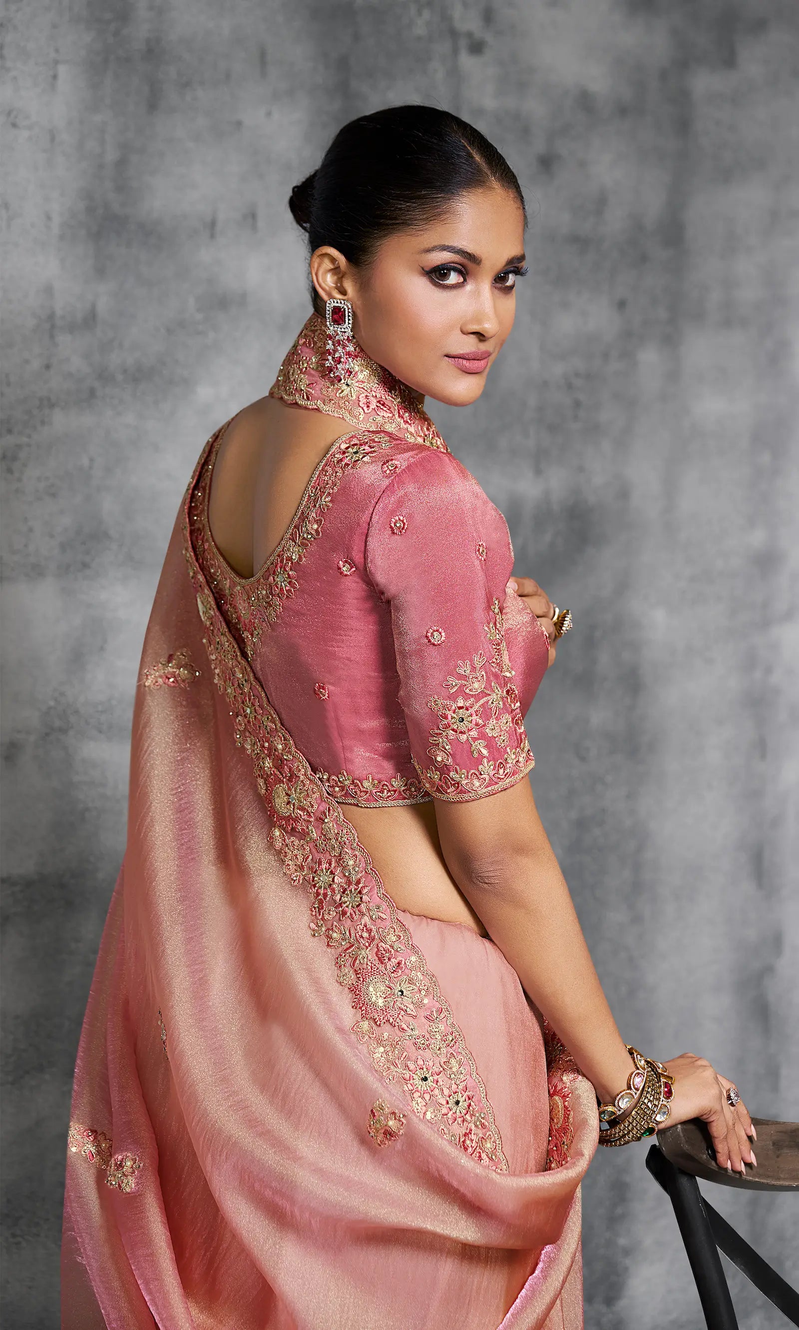 Peach Pink Zari Tissue Hand Work & Embroidery Saree - qivii