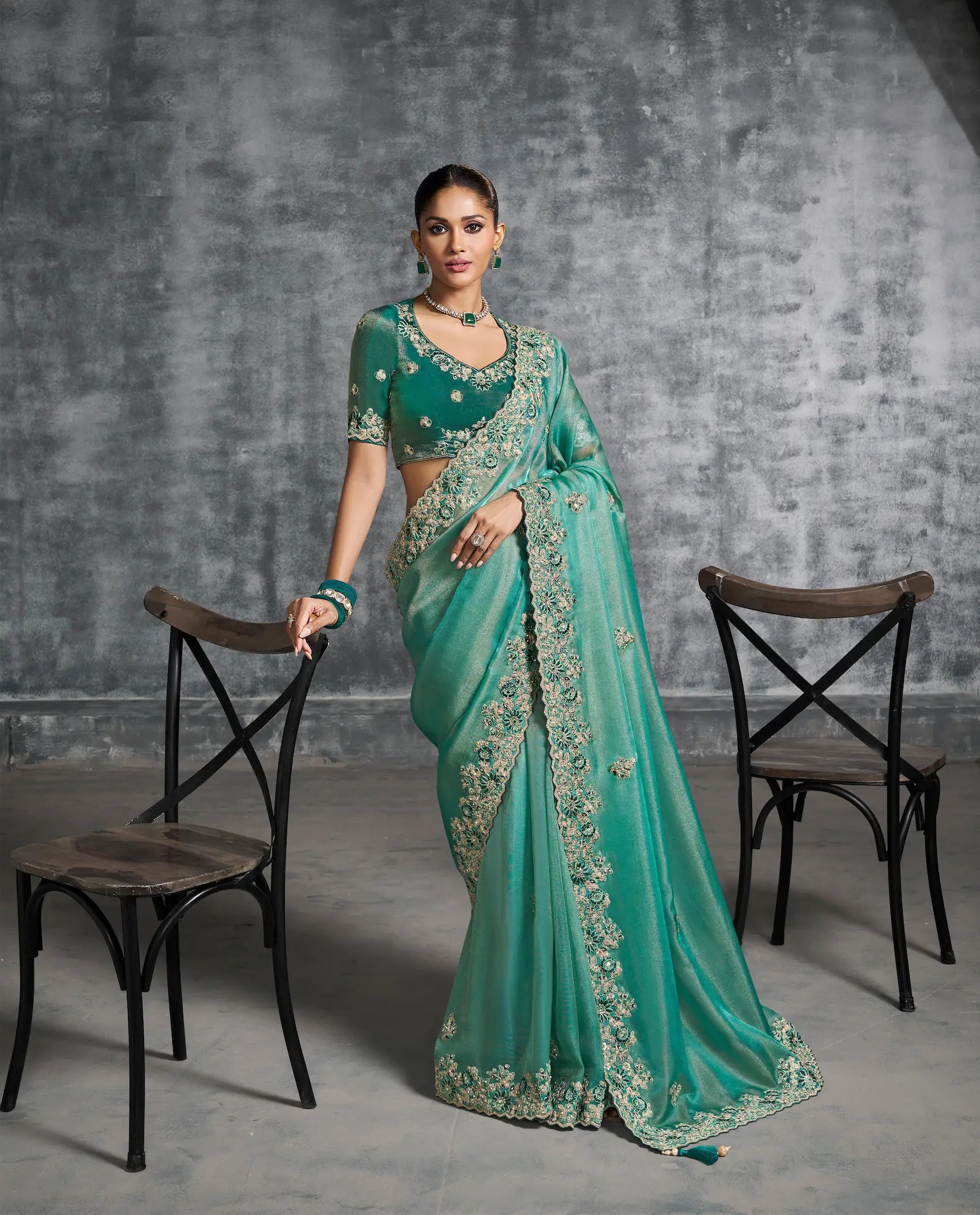 Beetle Green Zari Tissue Hand Work & Embroidery Saree - qivii