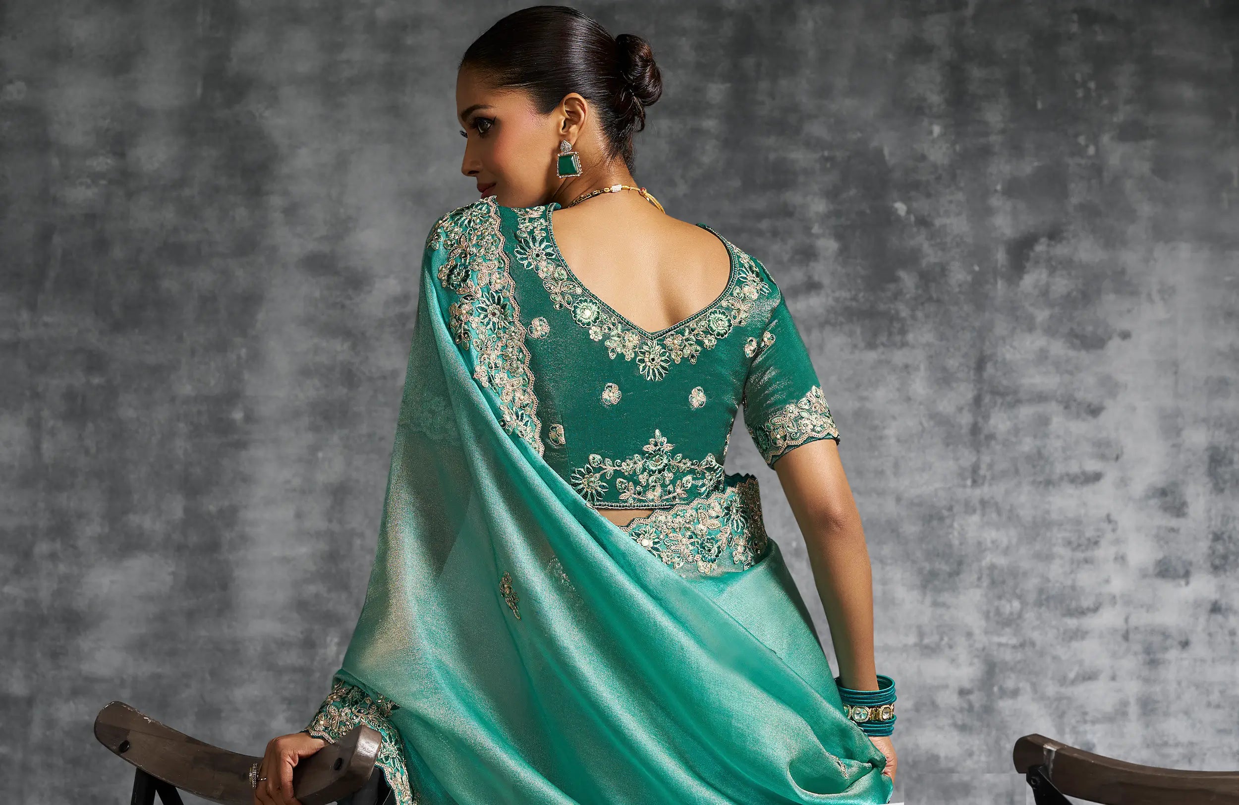 Beetle Green Zari Tissue Hand Work & Embroidery Saree