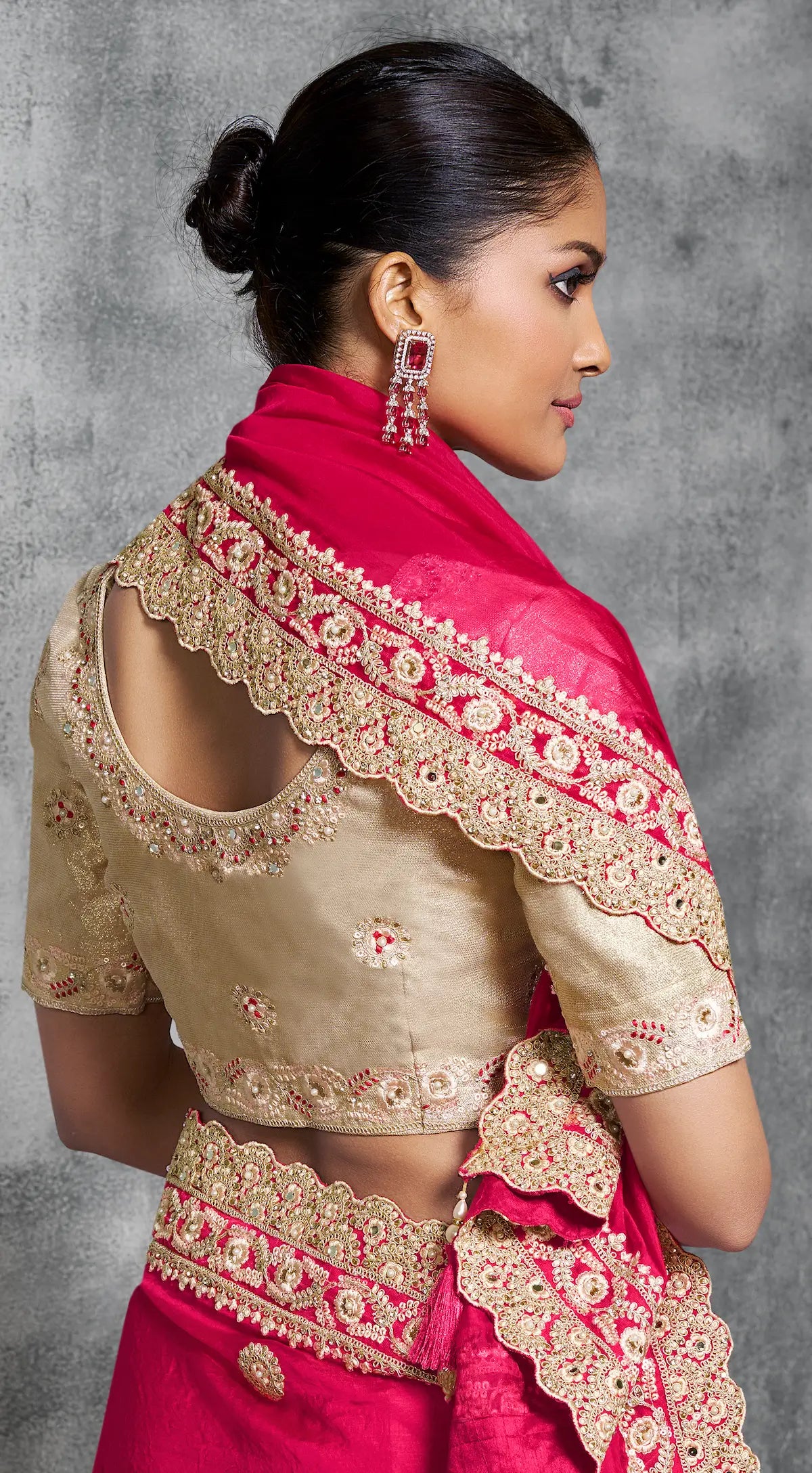 Hot Pink Satin Silk Hand Work & Embroidery Saree - qivii