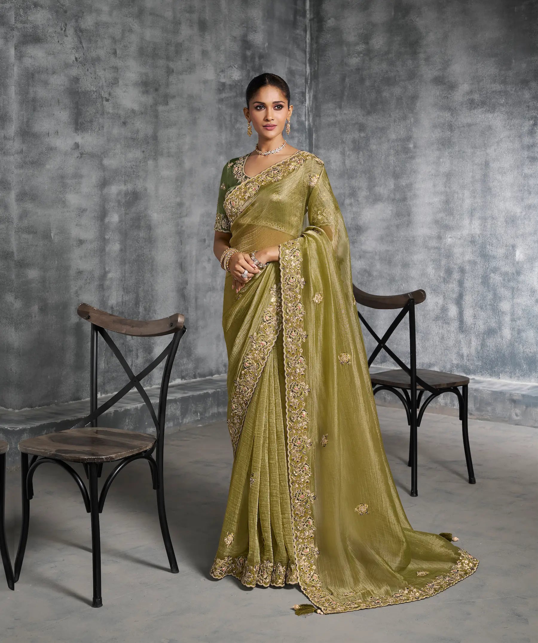Olive Green Zari Tissue Hand Work & Embroidery Saree - qivii